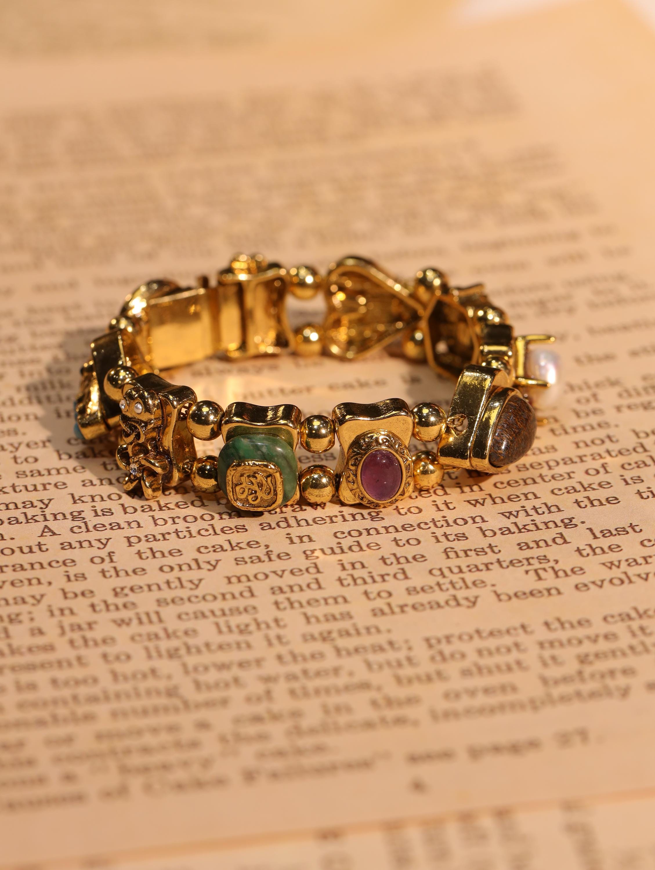 Royal Vintage Gemstone Bracelet, 18K Gold Plated, Artisan Handmade with Green Jade, Amethyst, Pearl & Obsidian, High-End Collector Jewelry