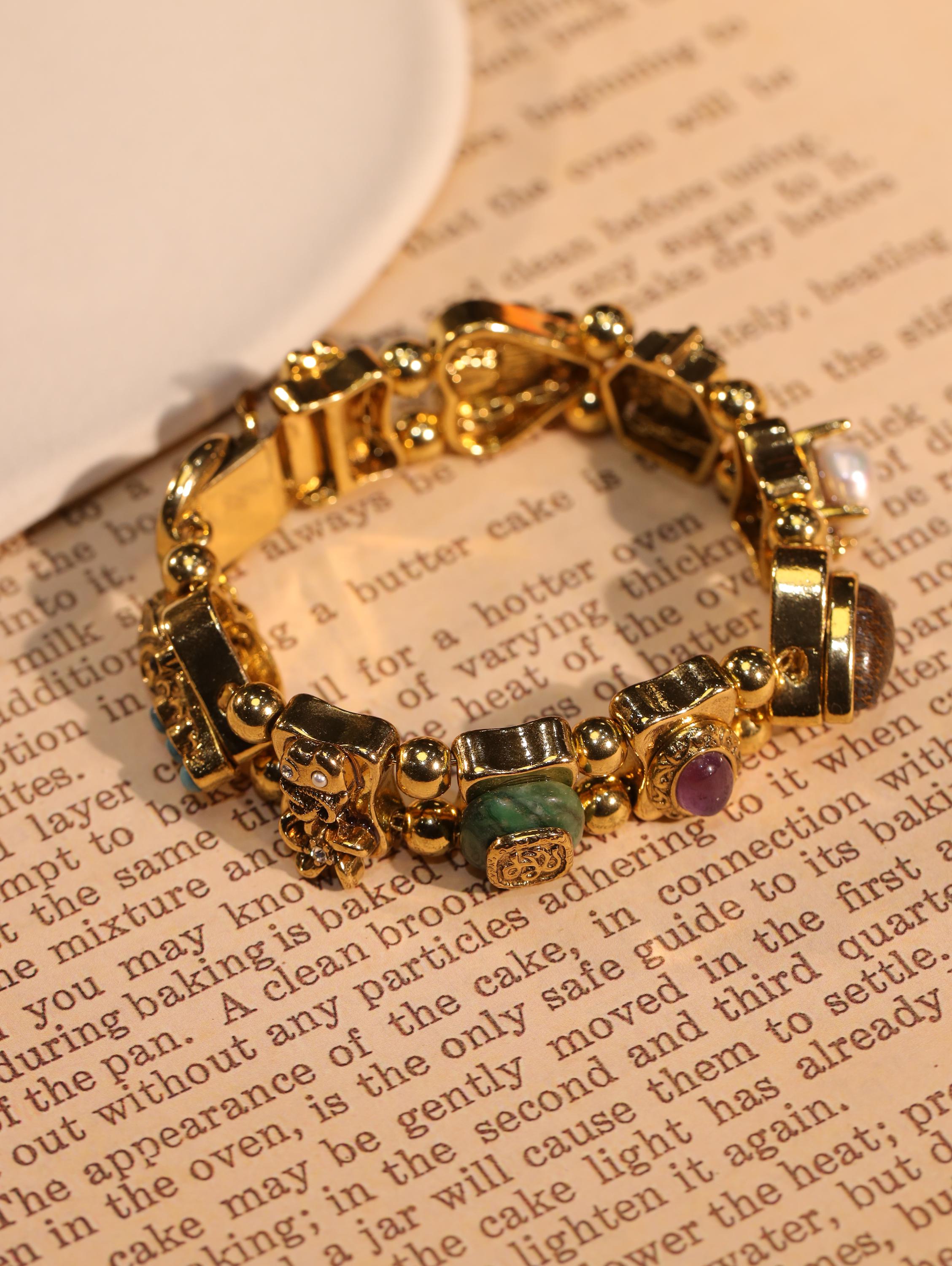 Royal Vintage Gemstone Bracelet, 18K Gold Plated, Artisan Handmade with Green Jade, Amethyst, Pearl & Obsidian, High-End Collector Jewelry