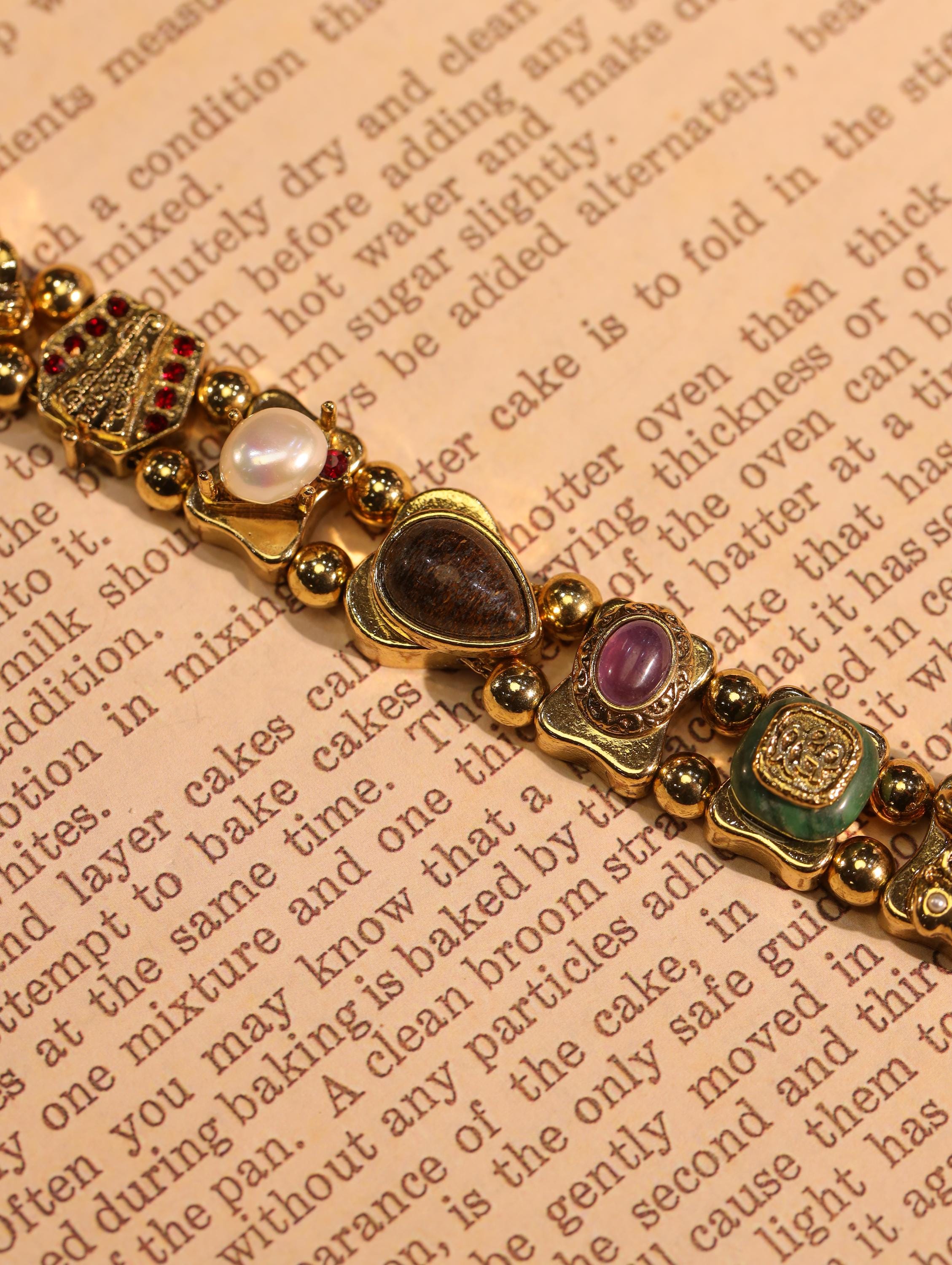 Royal Vintage Gemstone Bracelet, 18K Gold Plated, Artisan Handmade with Green Jade, Amethyst, Pearl & Obsidian, High-End Collector Jewelry