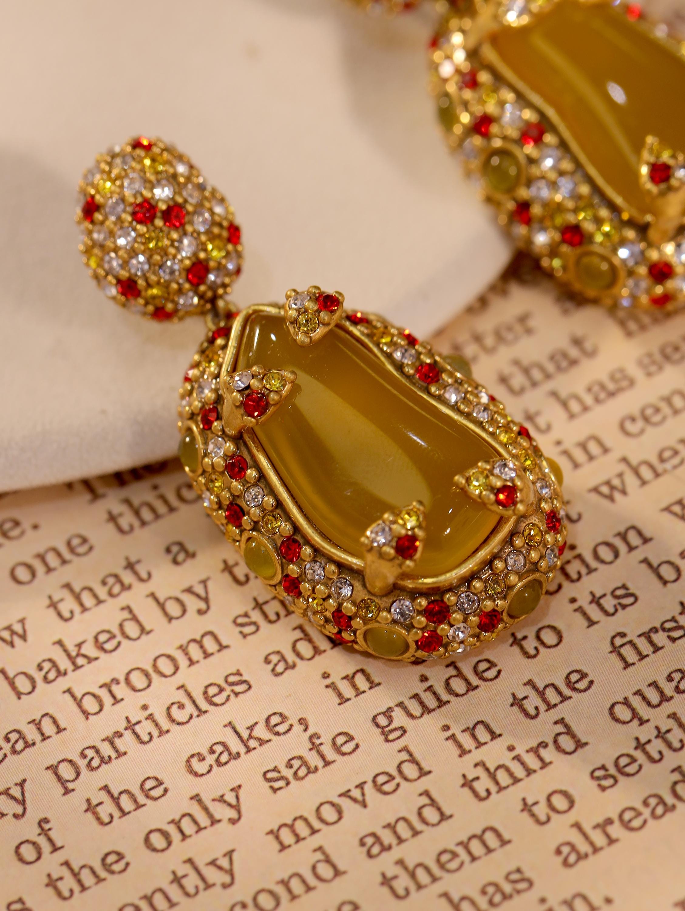 Luxury Vintage Gemstone Drop Earrings, 18K Gold Plated, Handcrafted with CZ Diamonds & Red Accents, High-End Royal Statement Jewelry