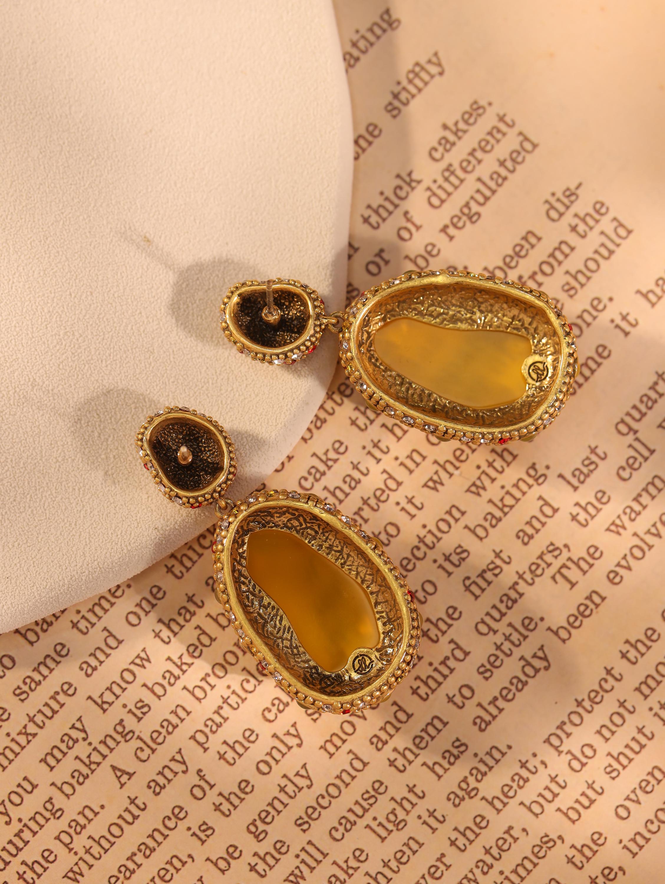 Luxury Vintage Gemstone Drop Earrings, 18K Gold Plated, Handcrafted with CZ Diamonds & Red Accents, High-End Royal Statement Jewelry