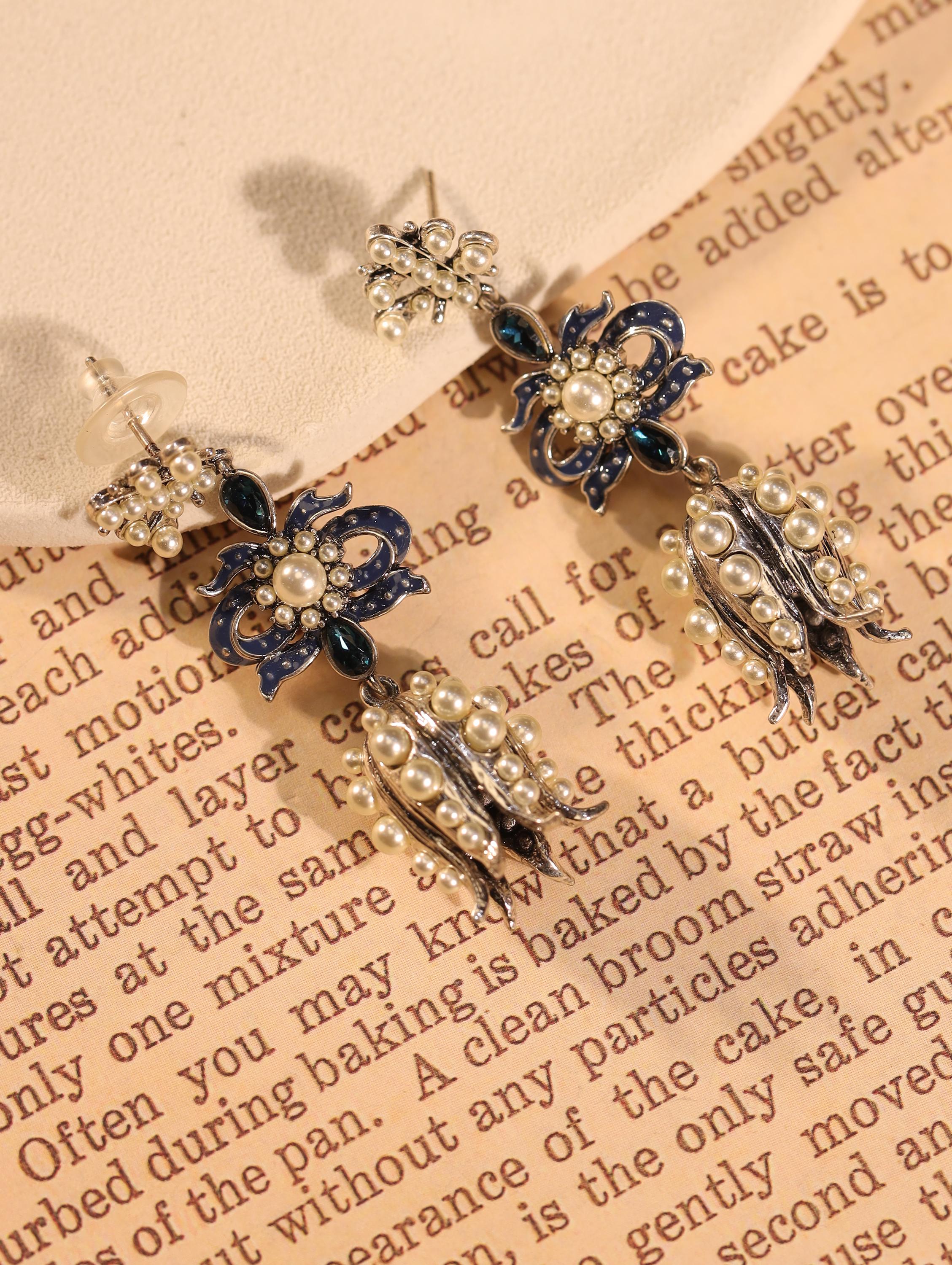 Luxury Baroque Drop Earrings, Swarovski Crystals & Pearls, Handcrafted Enamel, Antique Silver Plated, High-End Vintage Collector Jewelry