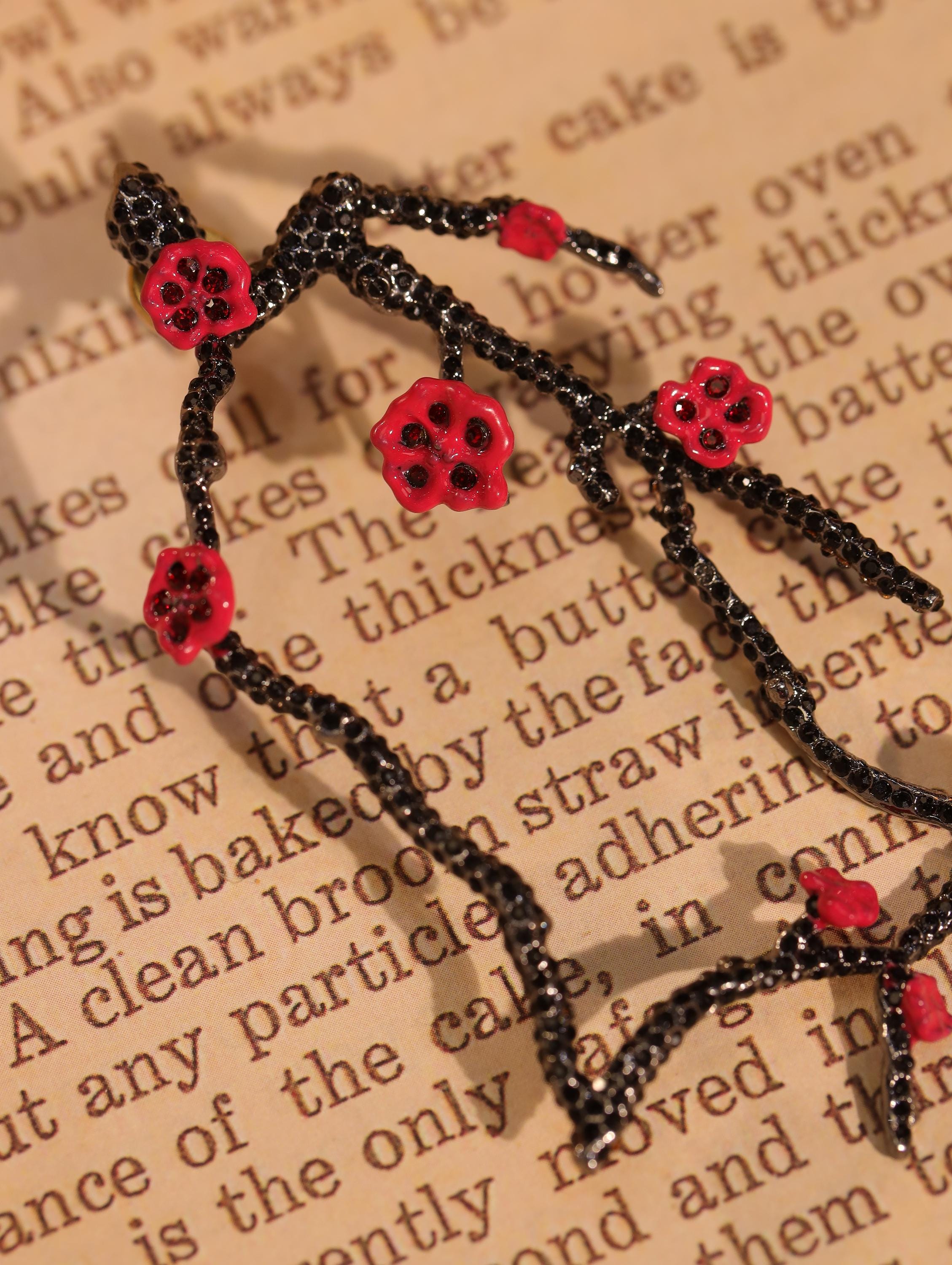 Unique Handmade Black Branch Earrings, Rare Artistic Floral Jewelry, Red Beaded Dangle, One-of-a-Kind Statement Earrings for Her