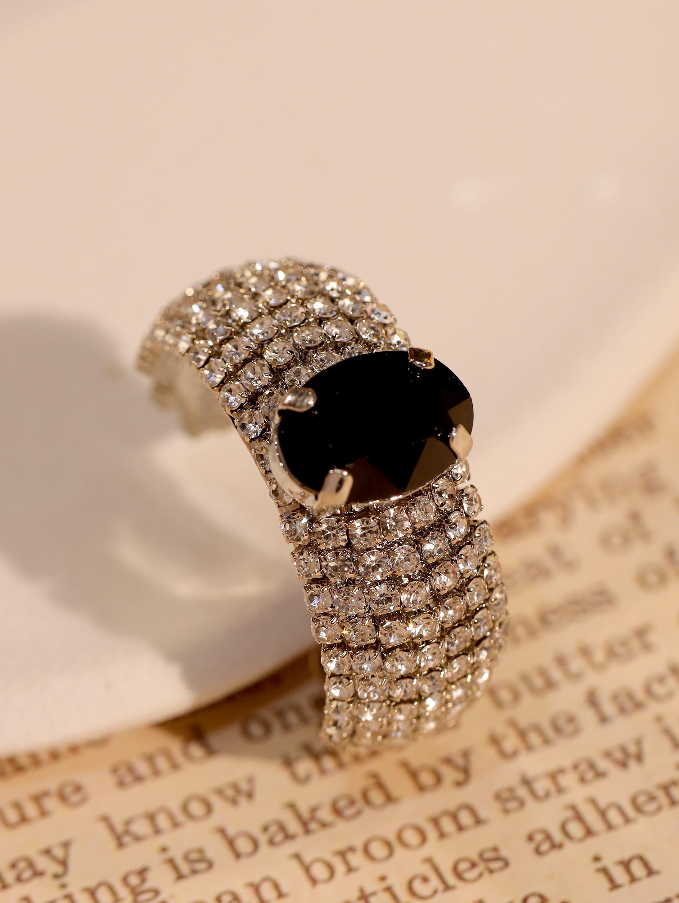 Black Crystal Statement Cuff & Clip-On Earrings Set | Swarovski Paved Silver Jewelry | Modern Luxury Artisan Gift for Elegant Women