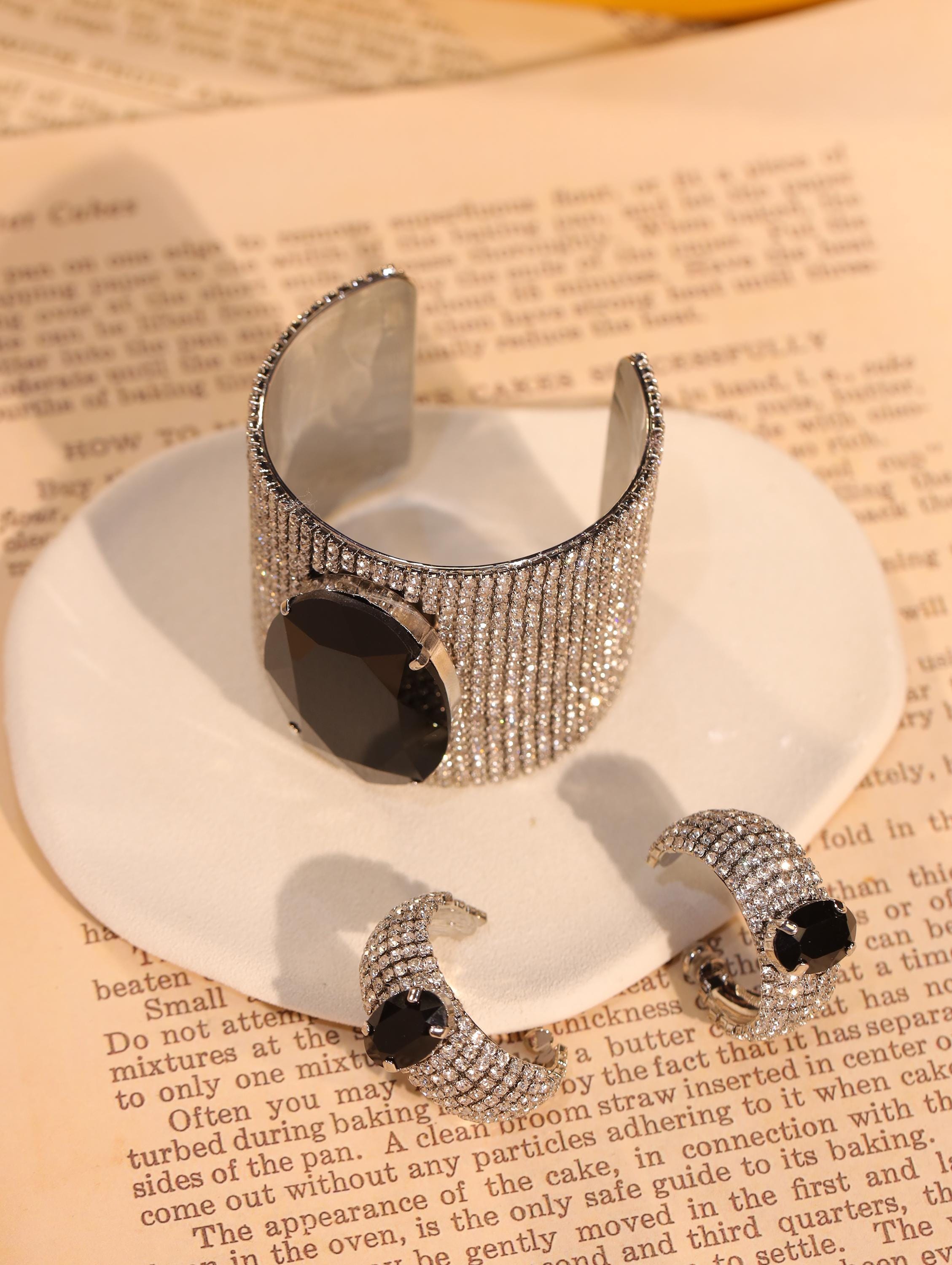 Black Crystal Statement Cuff & Clip-On Earrings Set | Swarovski Paved Silver Jewelry | Modern Luxury Artisan Gift for Elegant Women