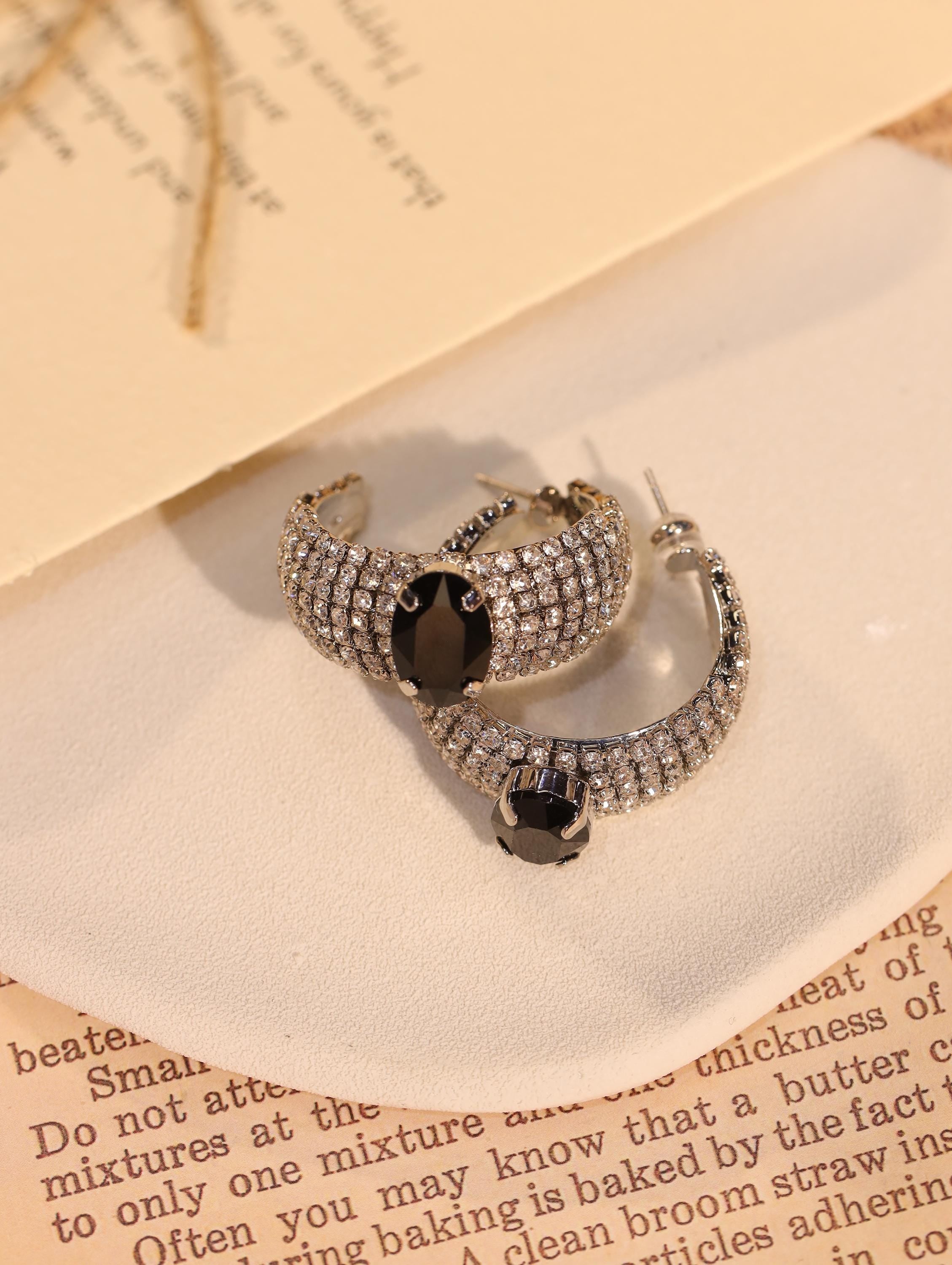 Black Crystal Statement Cuff & Clip-On Earrings Set | Swarovski Paved Silver Jewelry | Modern Luxury Artisan Gift for Elegant Women