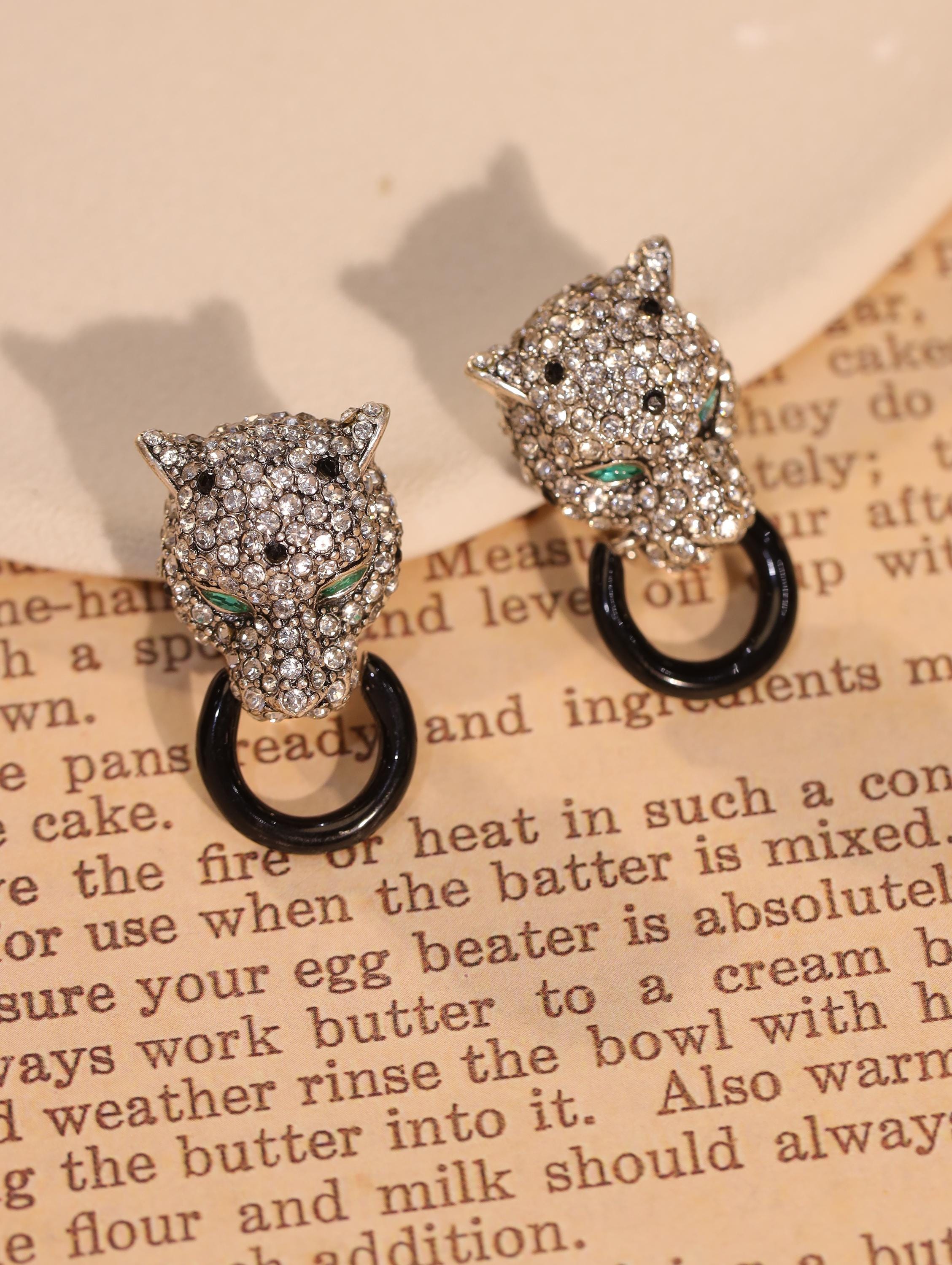 Crystal Leopard Head Clip-On Earrings | Unique Small-Batch Jewelry | Green Eyes, Black Hoop, Bold Luxury Statement for Fashion Elites