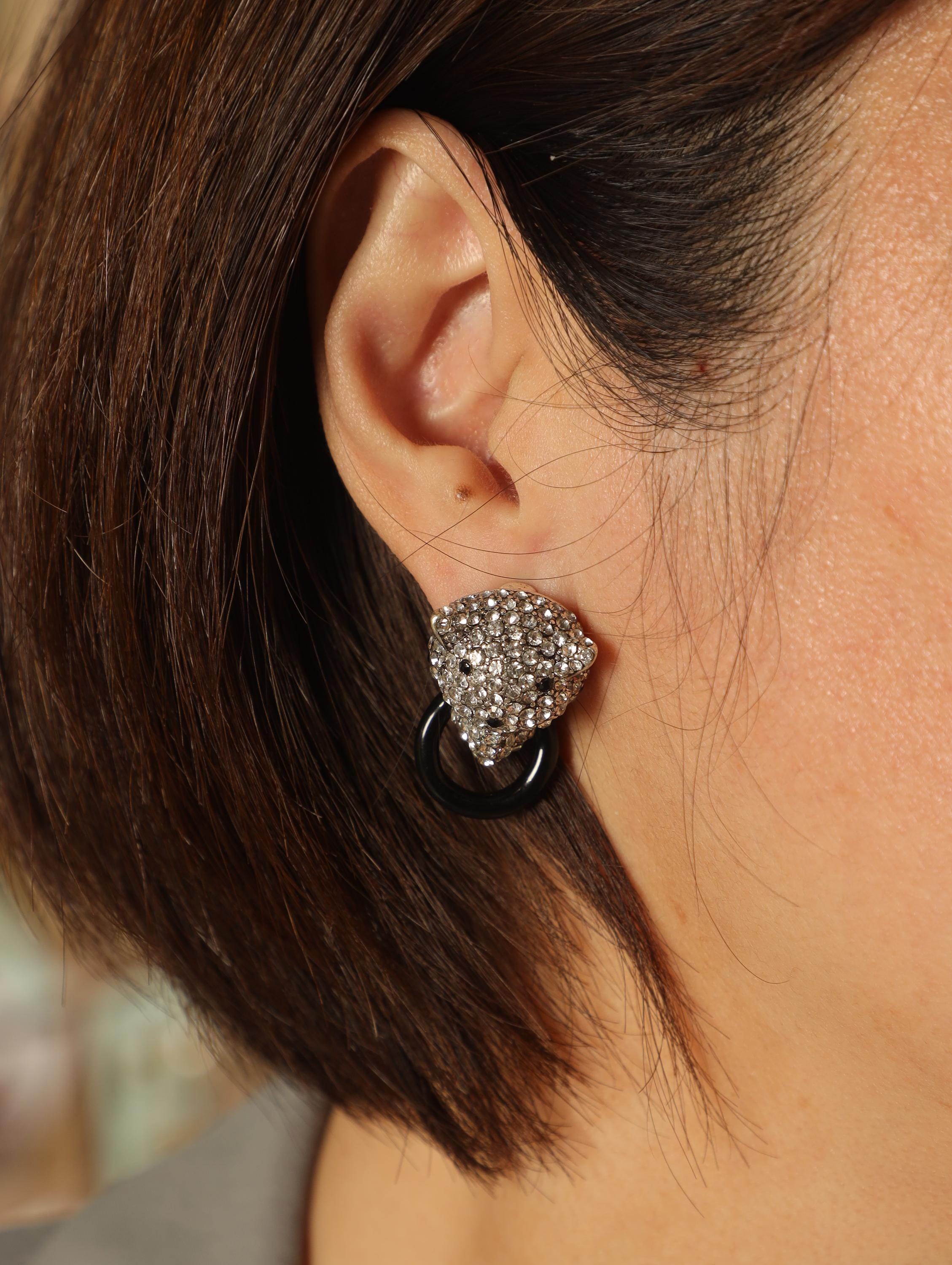 Crystal Leopard Head Clip-On Earrings | Unique Small-Batch Jewelry | Green Eyes, Black Hoop, Bold Luxury Statement for Fashion Elites