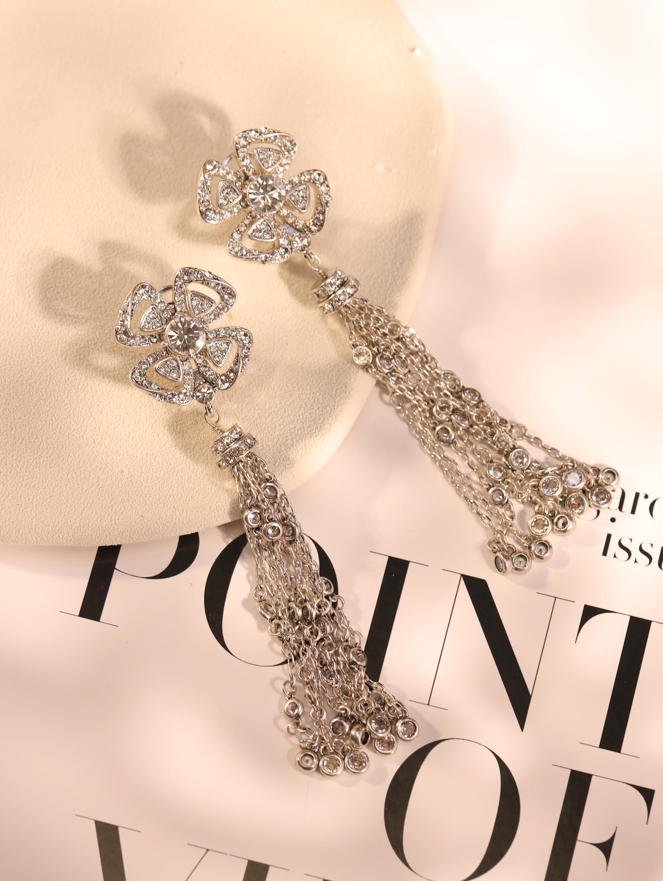 Crystal Flower Tassel Earrings | Elegant Statement Drop Earrings with Chain Fringe | Artisan Handmade Glam Jewelry for Sophisticated Women