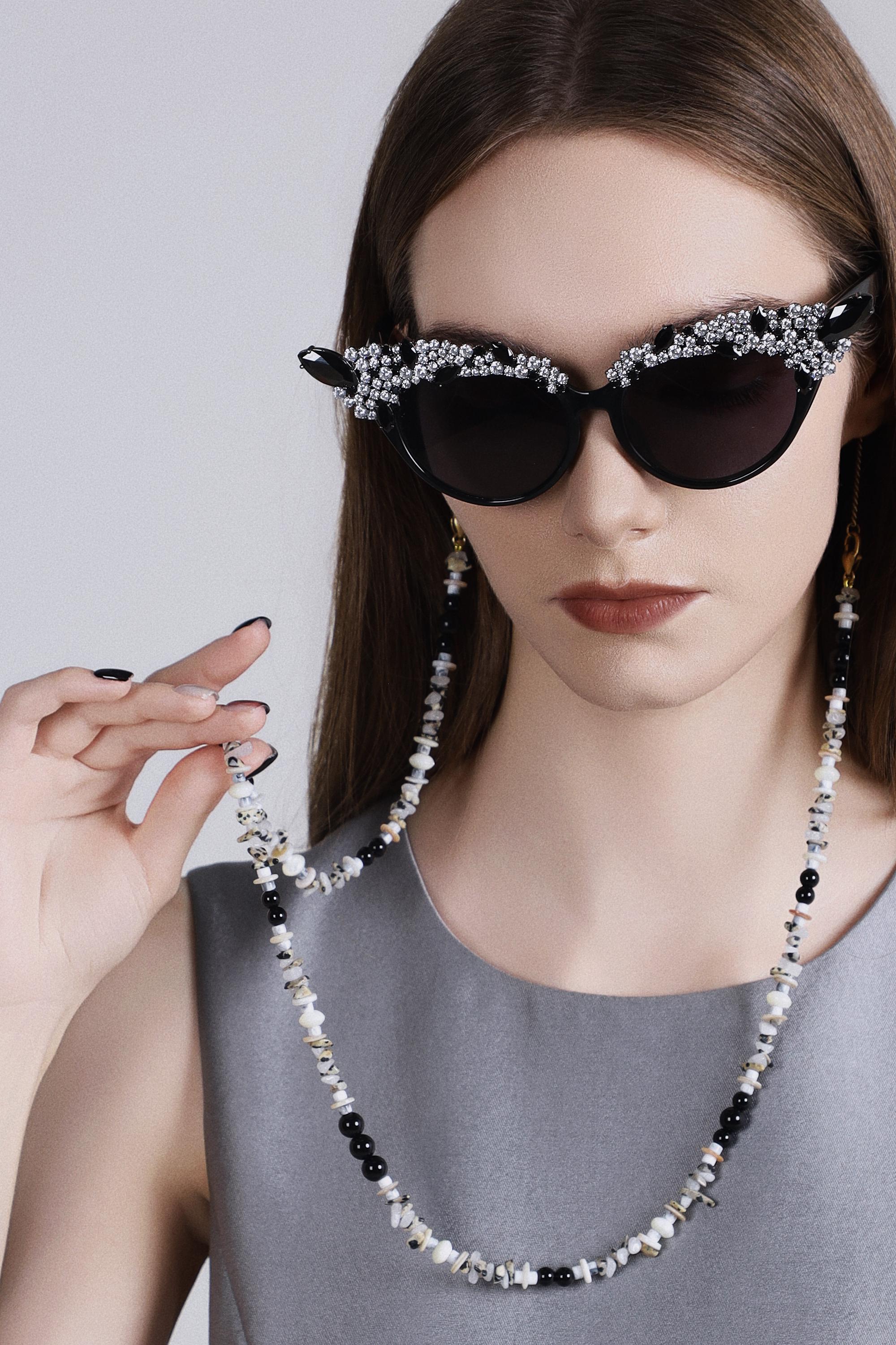 Crystal Embellished Cat Eye Sunglasses with Beaded Chain | Handmade Luxury Statement Eyewear with Natural Stone Holder for Fashionistas