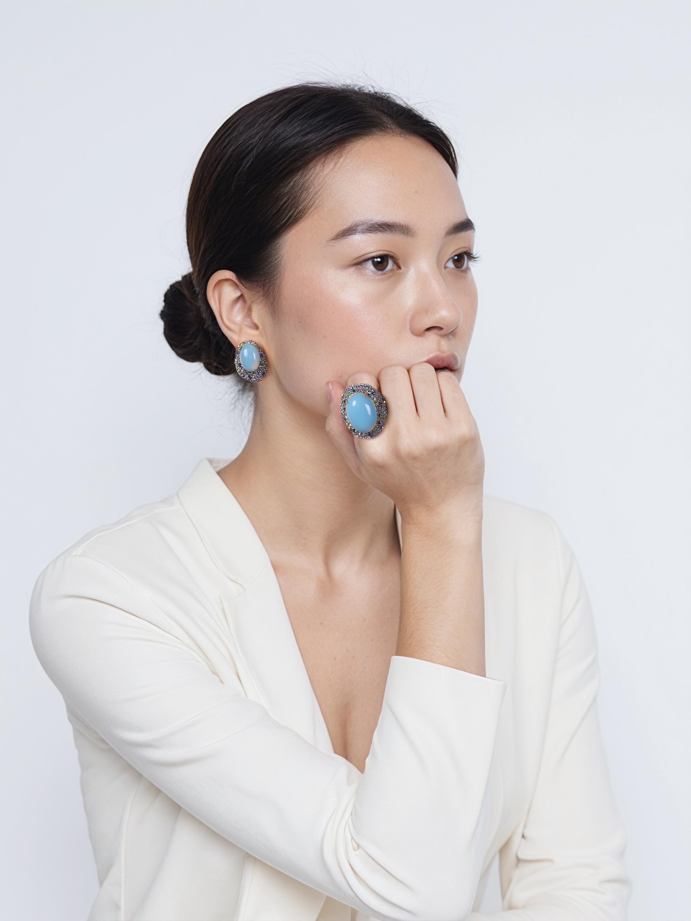 Handcrafted Blue Agate | Swarovski Crystal Jewelry Set, Luxury Artisan Ring & Earrings, 18K Gold, High-End Collector Statement Jewelry