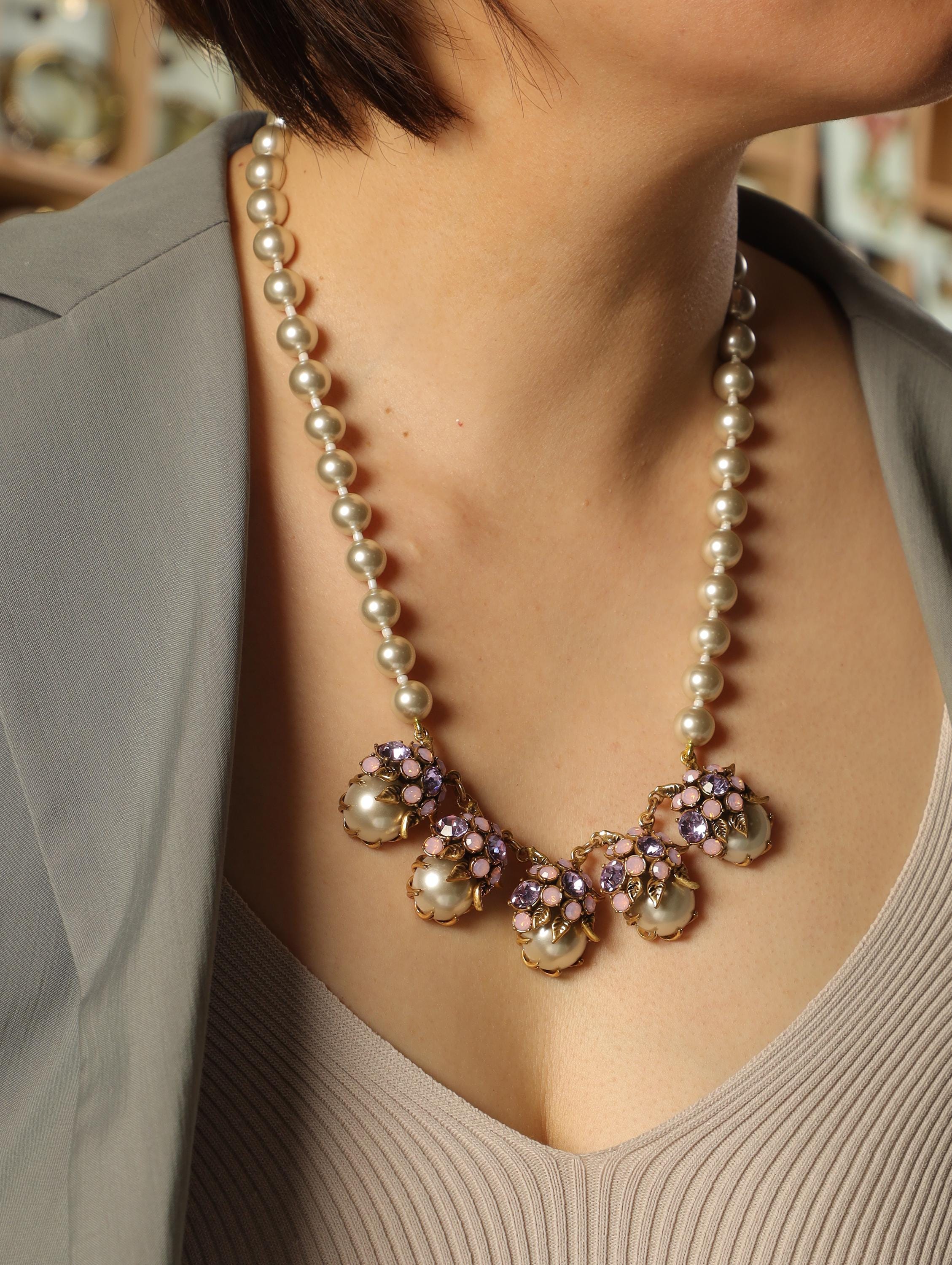 Jewelry set | pearl necklace |Floral Pearl & Purple Crystal Earrings | Vintage Gold Flower Studs | vintage Earrings