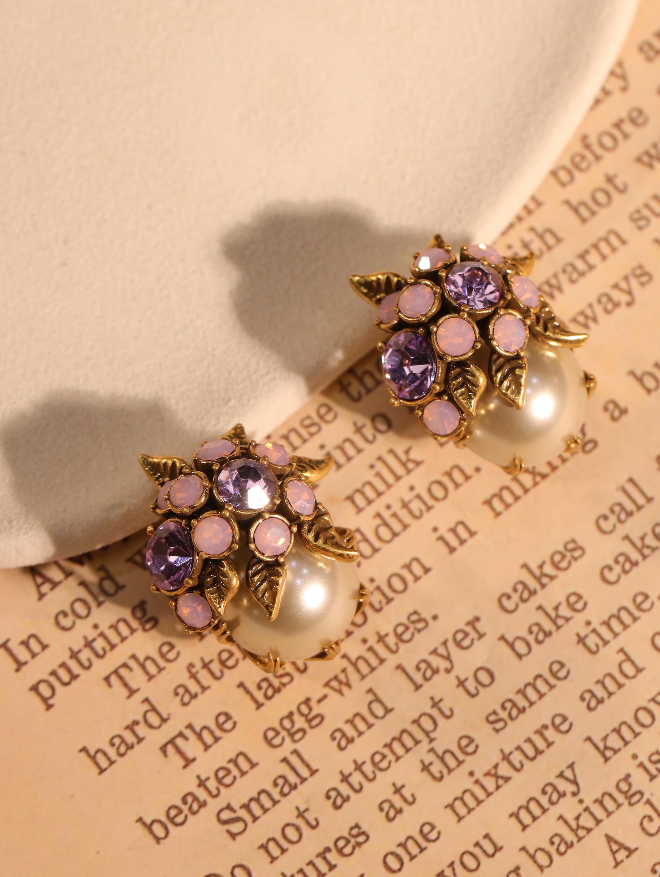 Jewelry set | pearl necklace |Floral Pearl & Purple Crystal Earrings | Vintage Gold Flower Studs | vintage Earrings