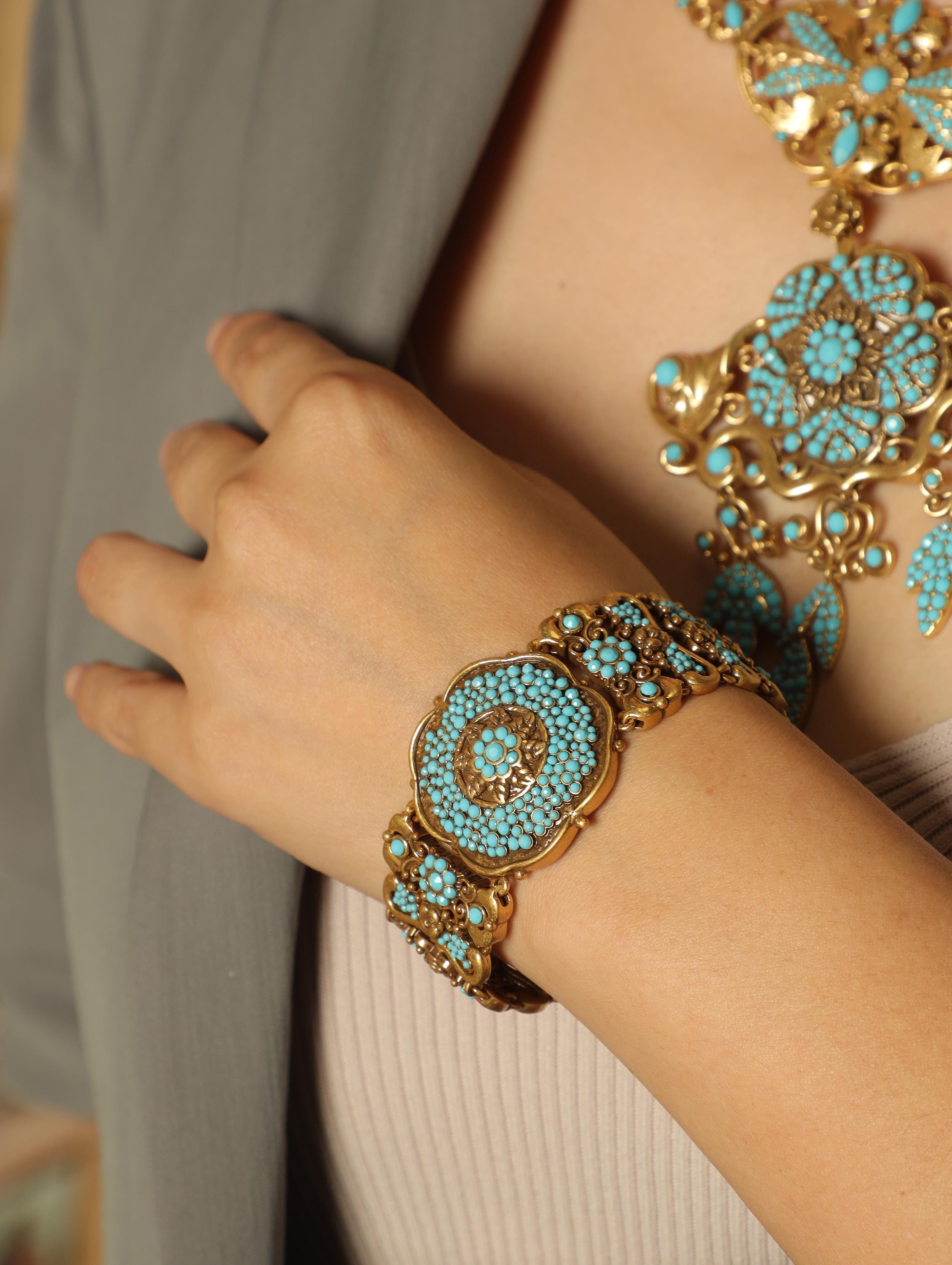 Vintage Turquoise Filigree Jewelry Set | Victorian Style Statement Necklace, Bracelet & Earrings | Antique Gold Bridal Jewelry Gift Set