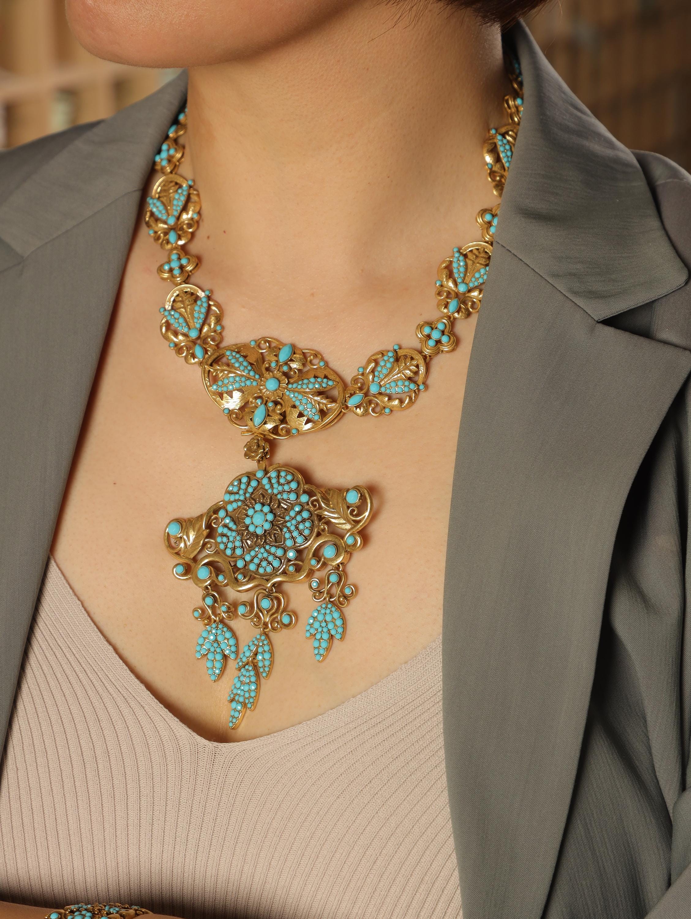 Vintage Turquoise Filigree Jewelry Set | Victorian Style Statement Necklace, Bracelet & Earrings | Antique Gold Bridal Jewelry Gift Set