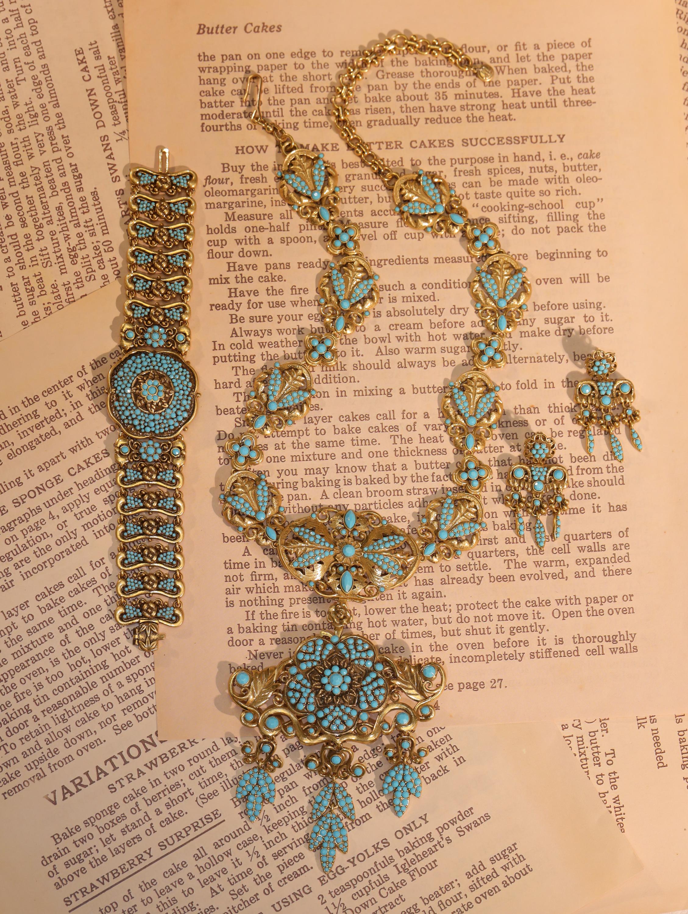 Vintage Turquoise Filigree Jewelry Set | Victorian Style Statement Necklace, Bracelet & Earrings | Antique Gold Bridal Jewelry Gift Set