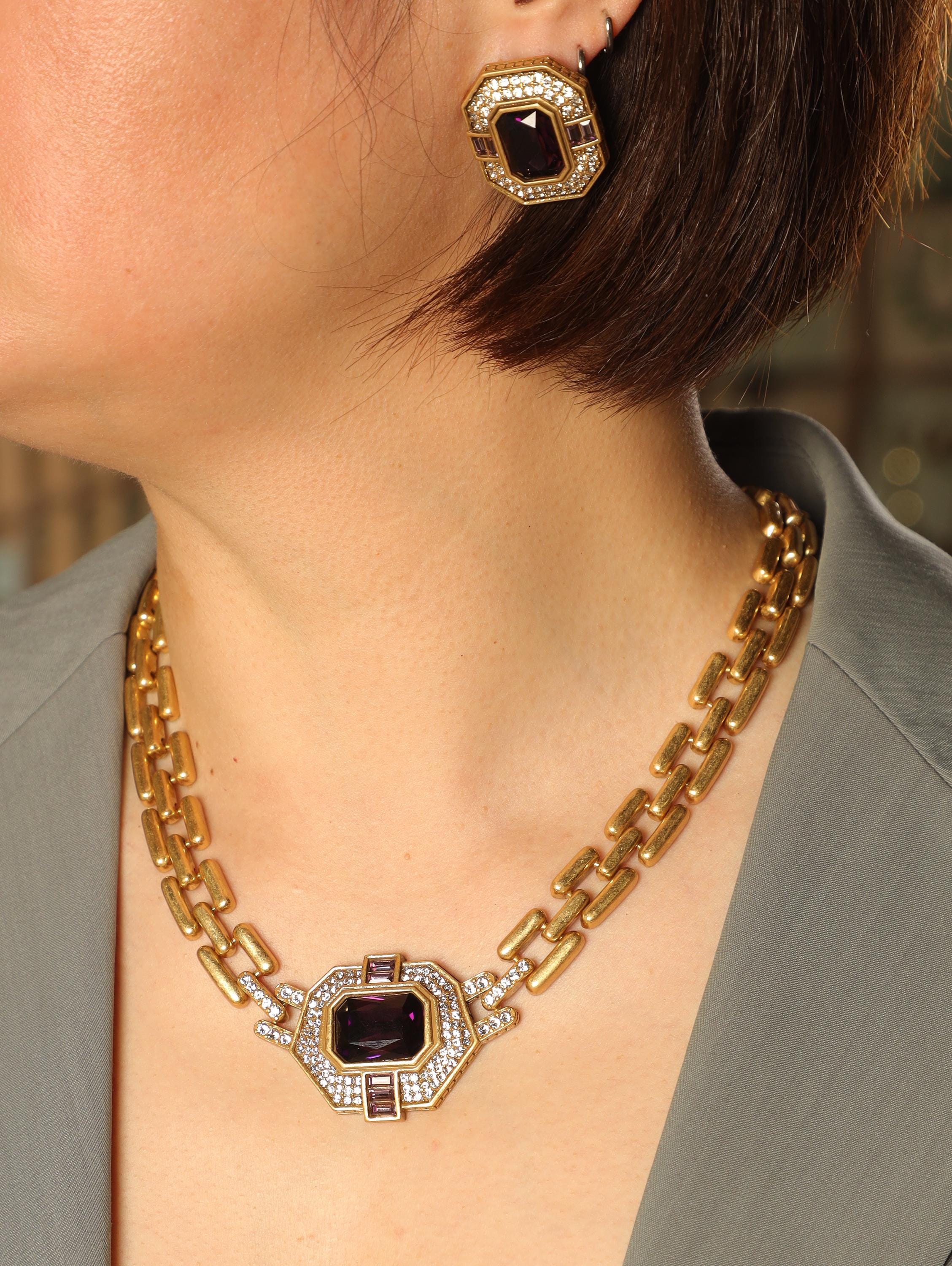 Art Deco Black Crystal Jewelry Set | Vintage Gold Chain Statement Necklace & Stud Earrings | Gatsby Style Bridal Gift