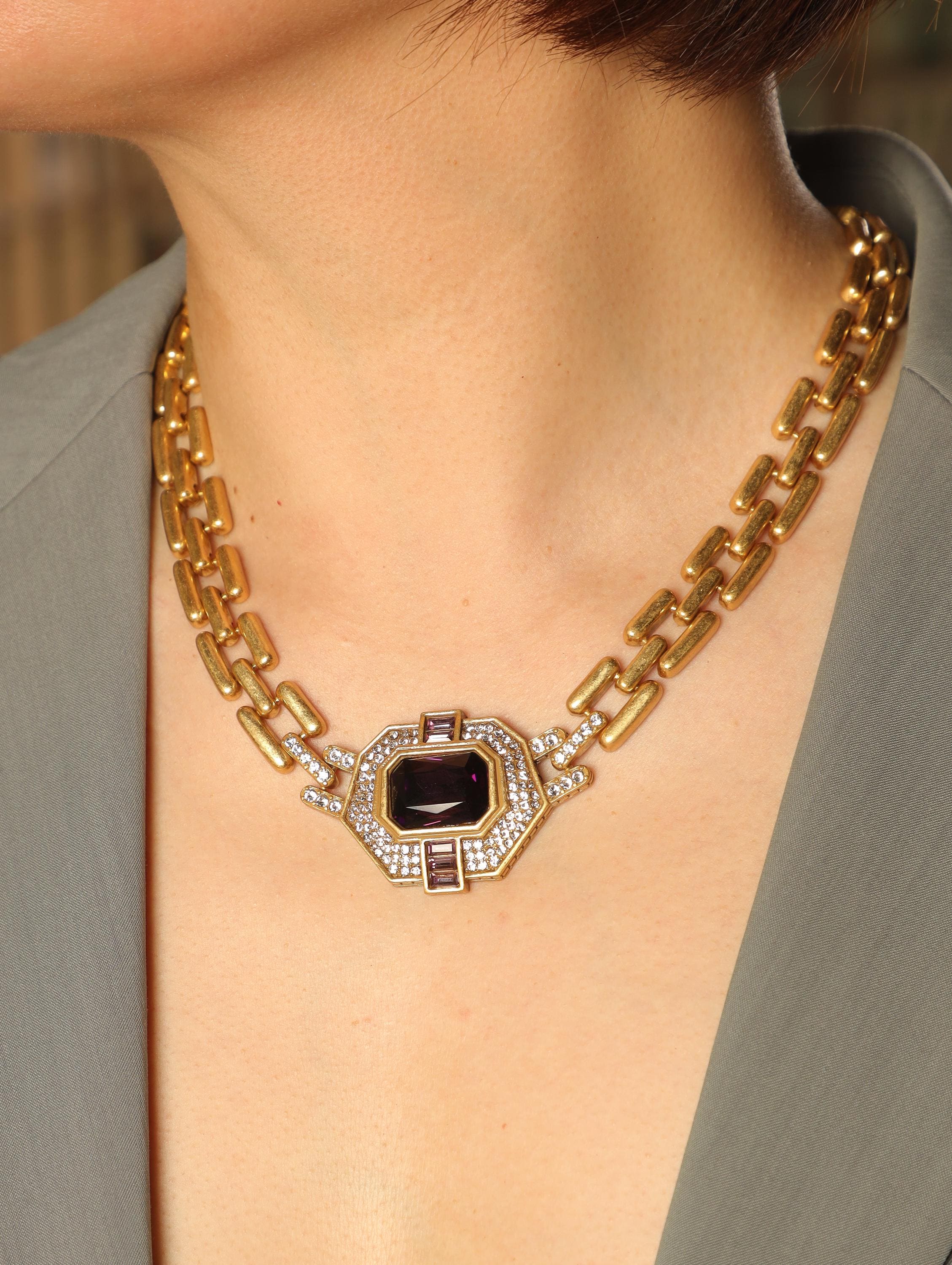 Art Deco Black Crystal Jewelry Set | Vintage Gold Chain Statement Necklace & Stud Earrings | Gatsby Style Bridal Gift