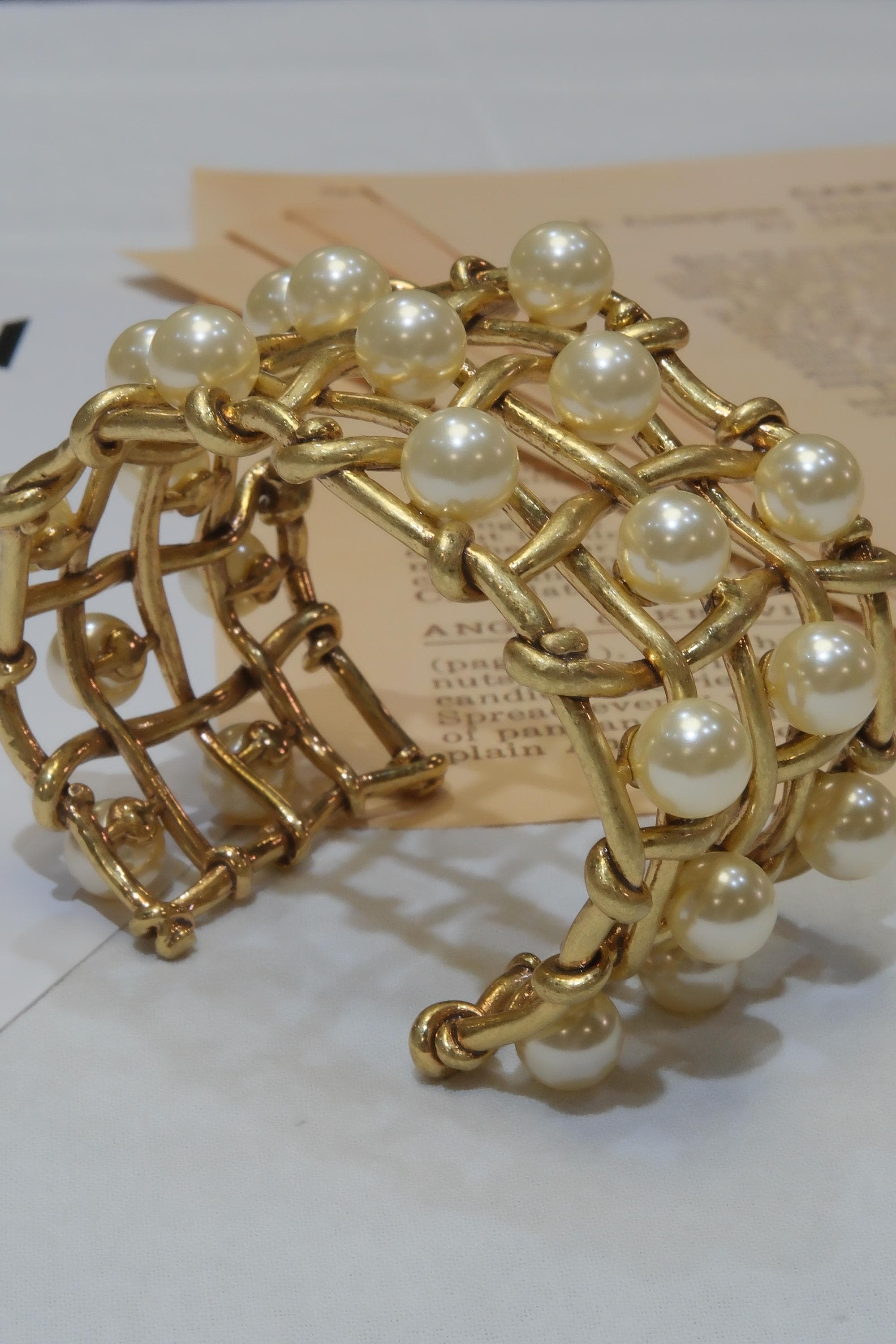 Vintage Statement Pearl Cuff Bracelet | Chunky Gold Woven Bangle | Retro Sculptural Jewelry Gift for Her