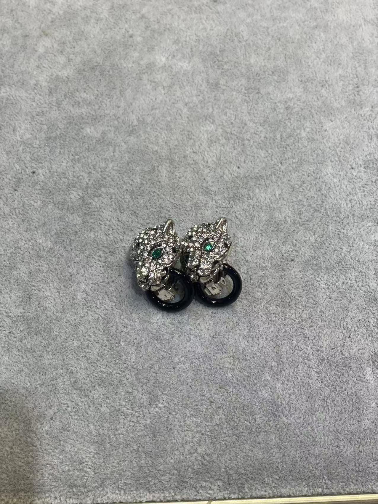 Crystal Leopard Head Clip-On Earrings | Unique Small-Batch Jewelry | Green Eyes, Black Hoop, Bold Luxury Statement for Fashion Elites