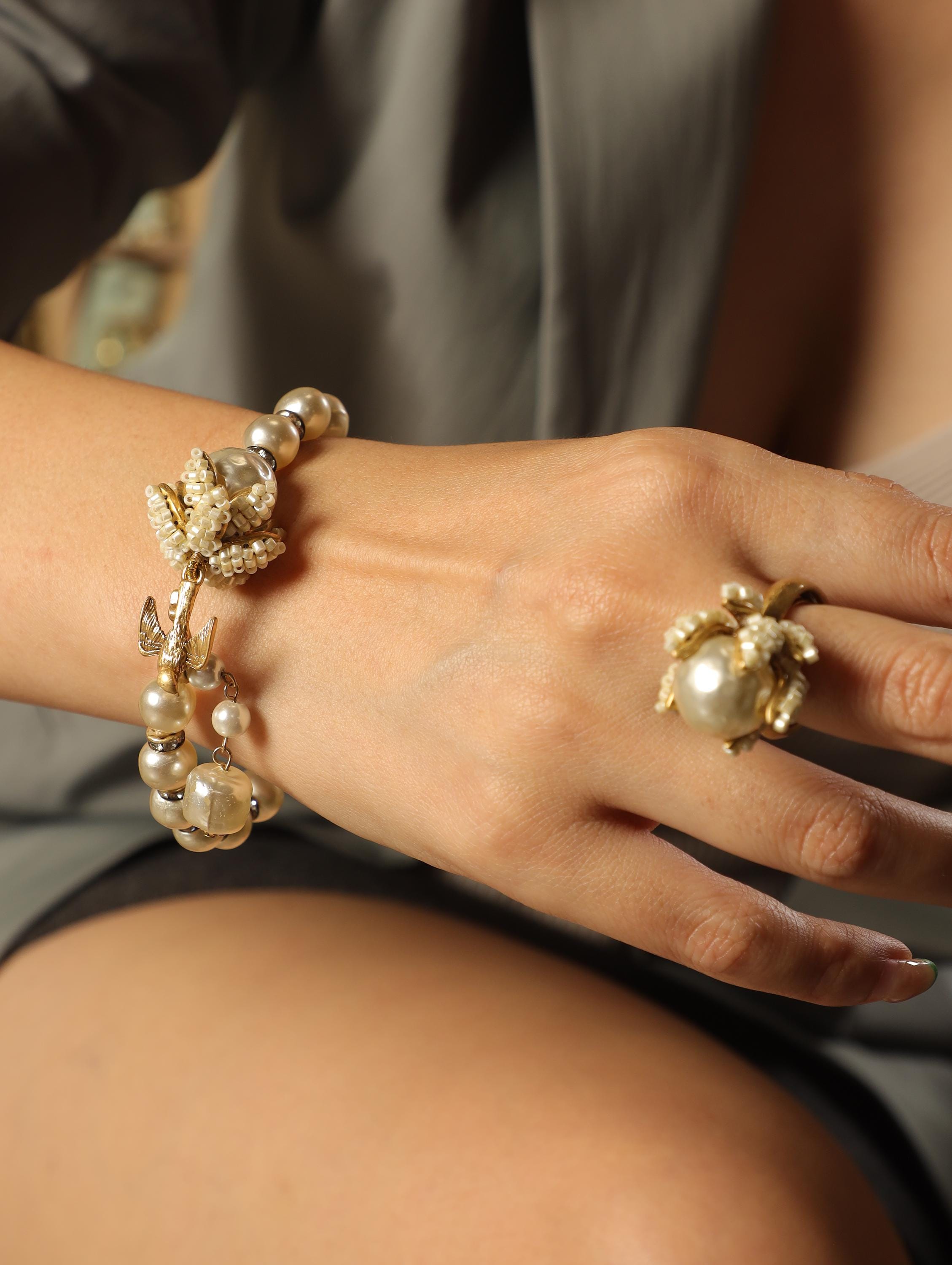 Vintage Pearl Bracelet & Ring Set  Gold Beaded Jewelry with Flower Bud Design, Elegant Gift for Her, Handmade Bridal Accessories