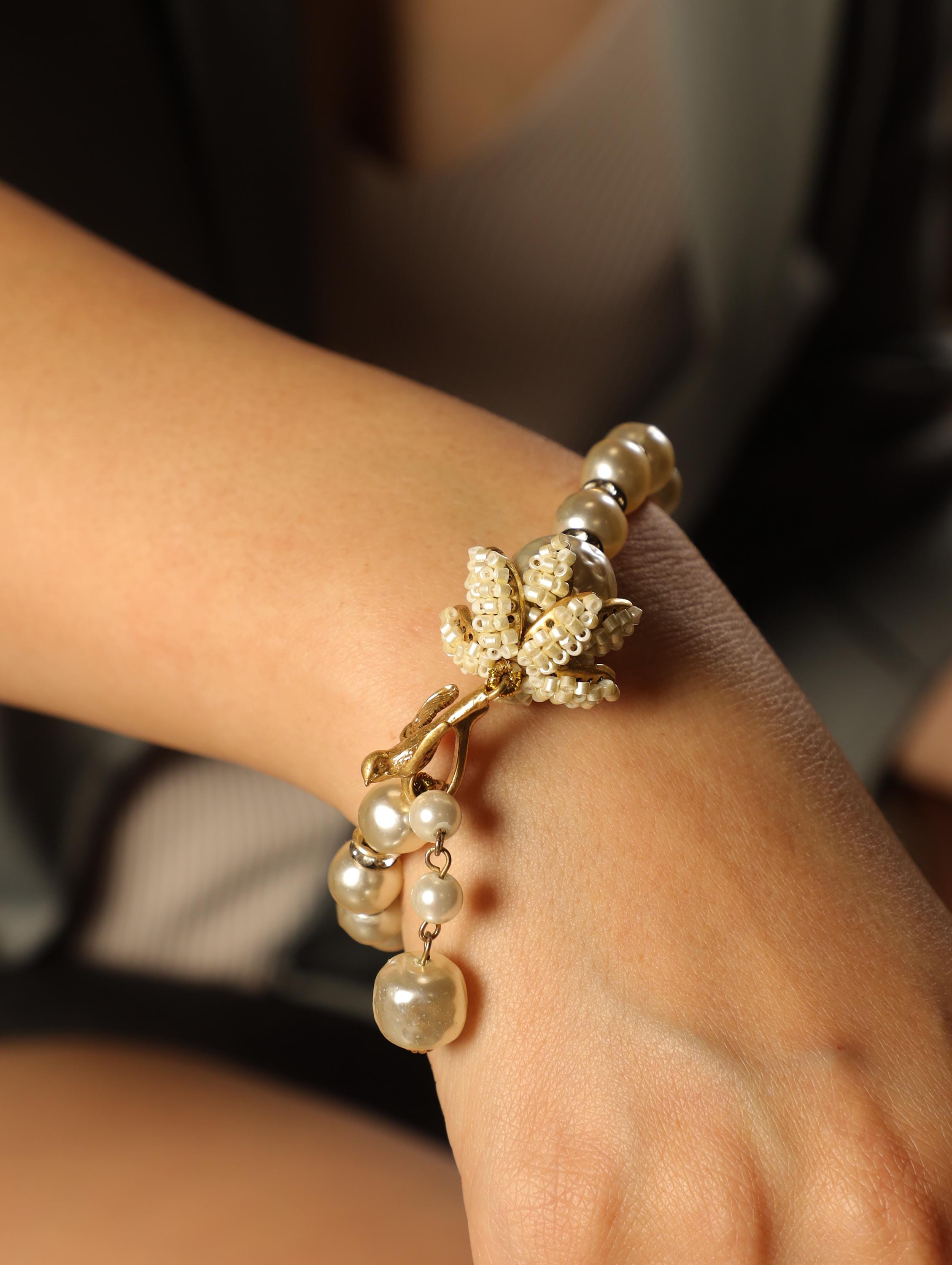 Vintage Pearl Bracelet & Ring Set  Gold Beaded Jewelry with Flower Bud Design, Elegant Gift for Her, Handmade Bridal Accessories
