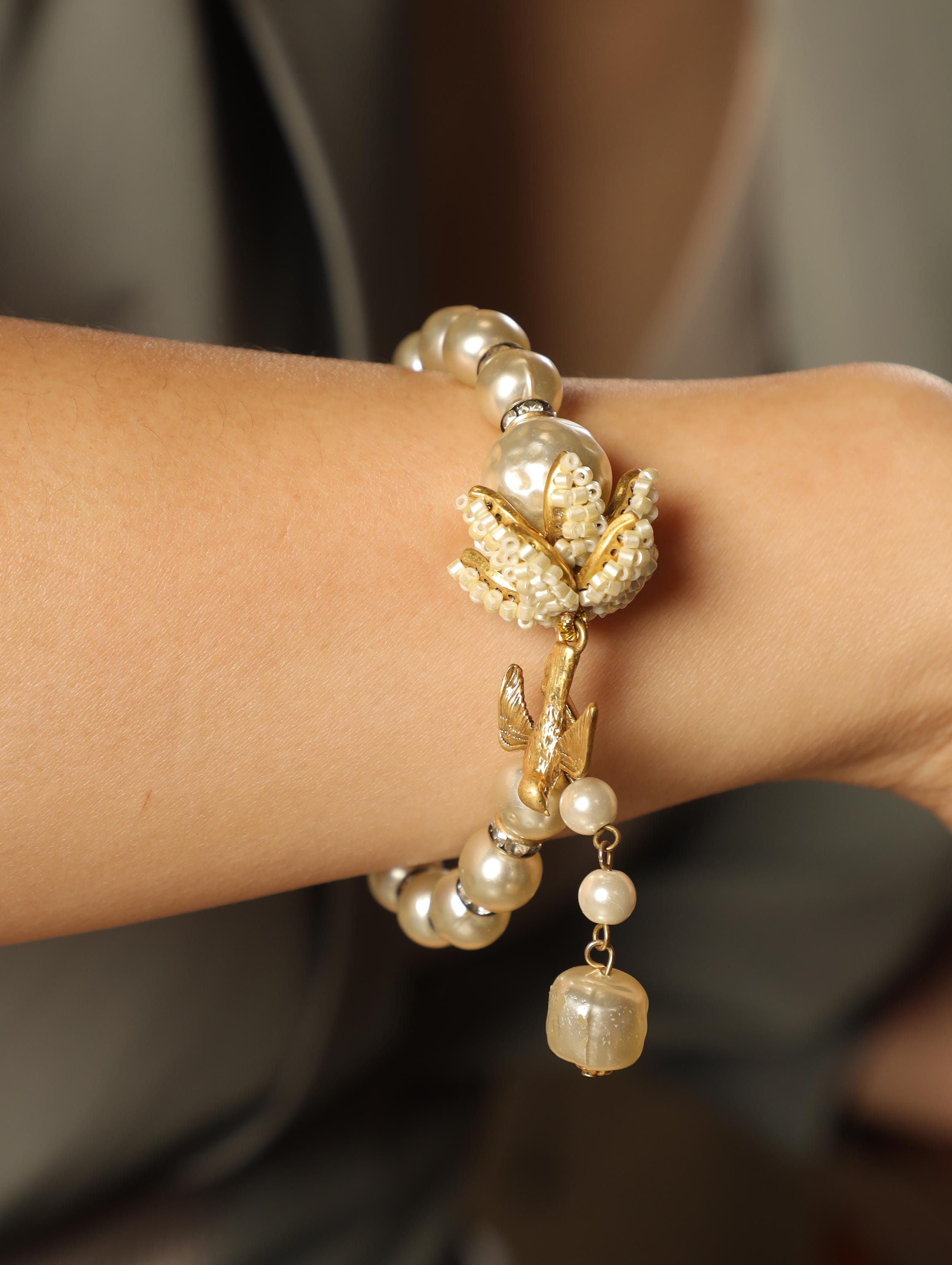 Vintage Pearl Bracelet & Ring Set  Gold Beaded Jewelry with Flower Bud Design, Elegant Gift for Her, Handmade Bridal Accessories
