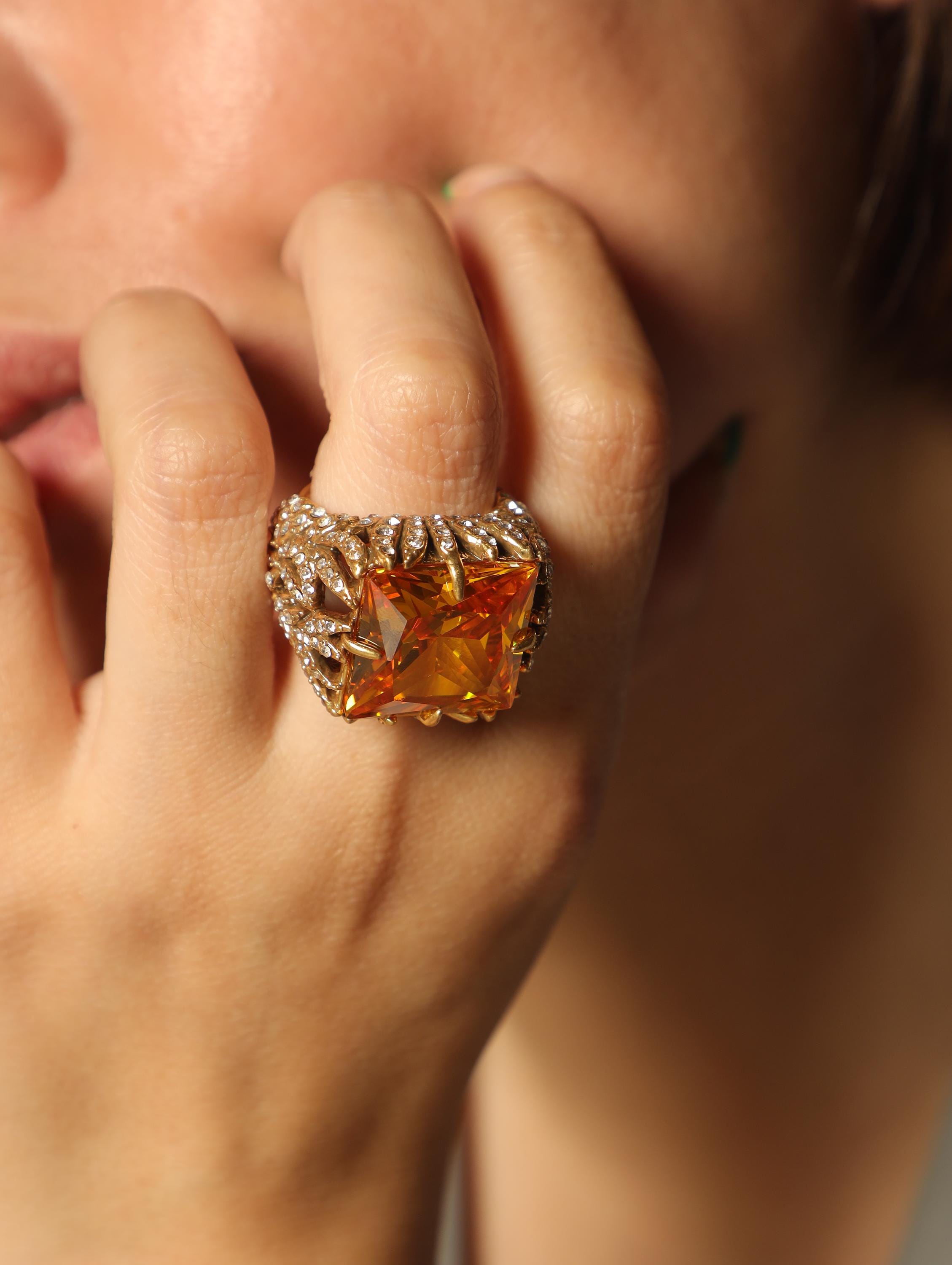 Swarovski Yellow Crystal Statement Ring  Vintage Gold Claw Cocktail Ring, Baroque Adjustable Jewelry, Bold Retro Gift for Her