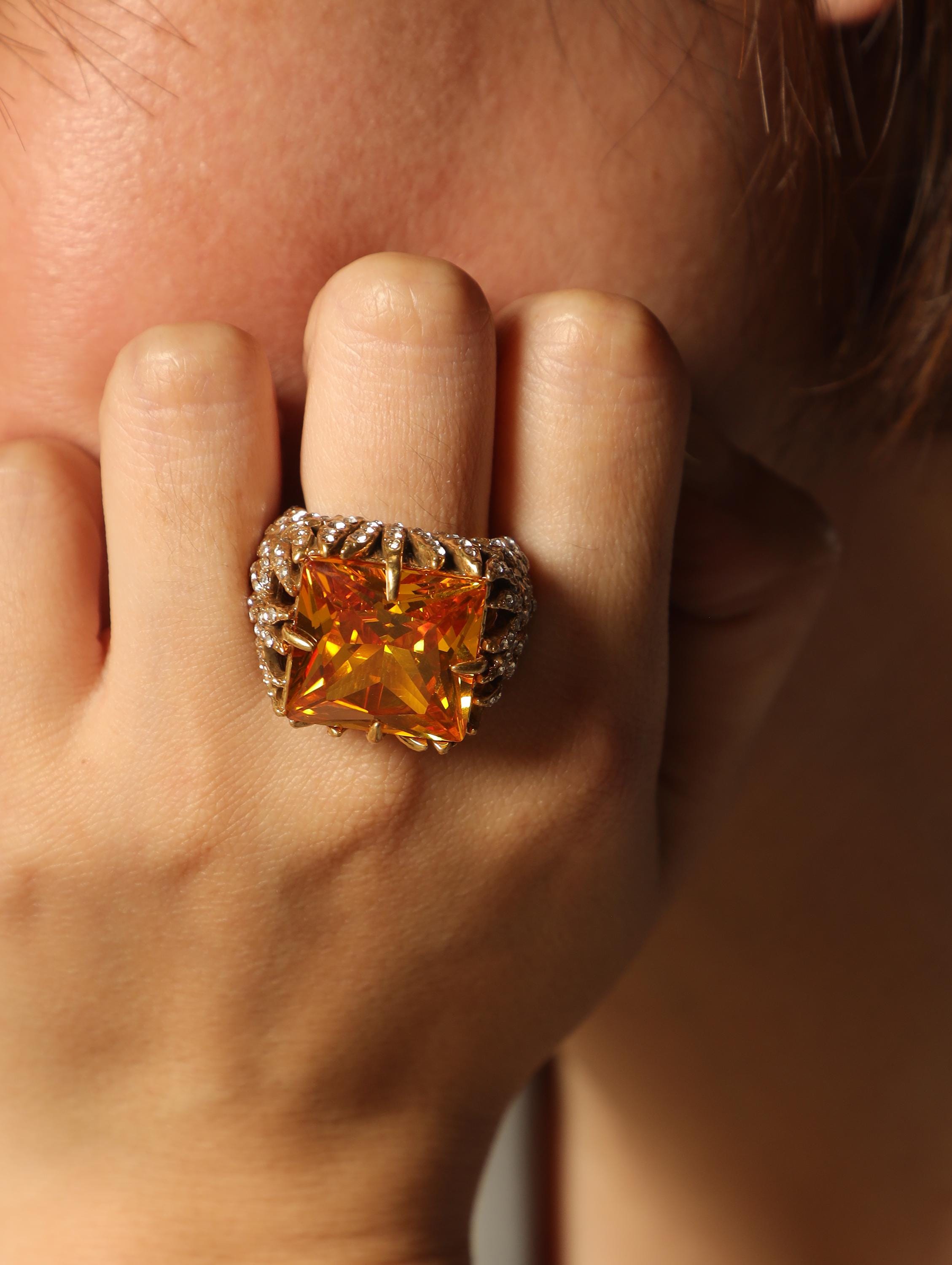 Swarovski Yellow Crystal Statement Ring  Vintage Gold Claw Cocktail Ring, Baroque Adjustable Jewelry, Bold Retro Gift for Her
