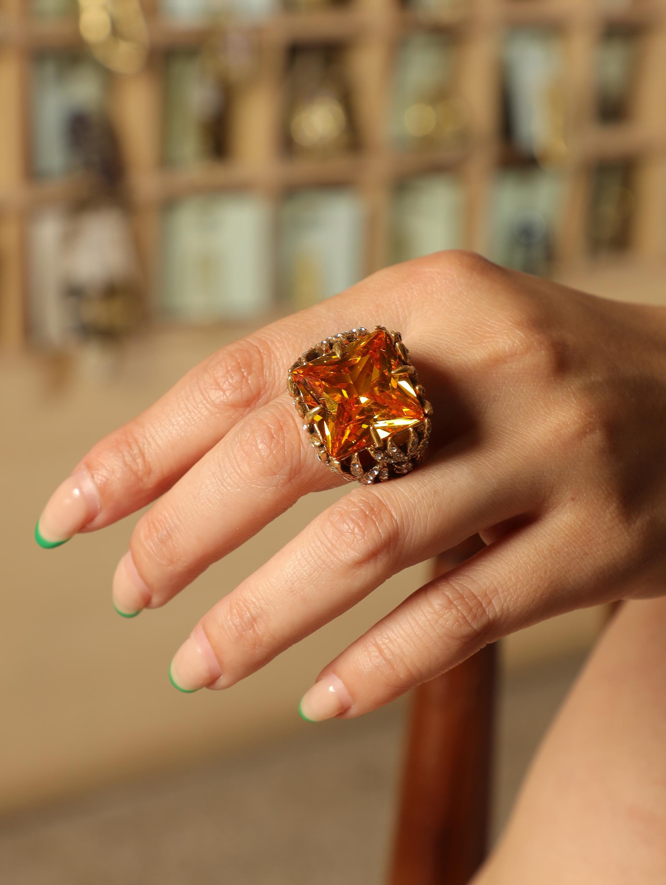 Swarovski Yellow Crystal Statement Ring  Vintage Gold Claw Cocktail Ring, Baroque Adjustable Jewelry, Bold Retro Gift for Her
