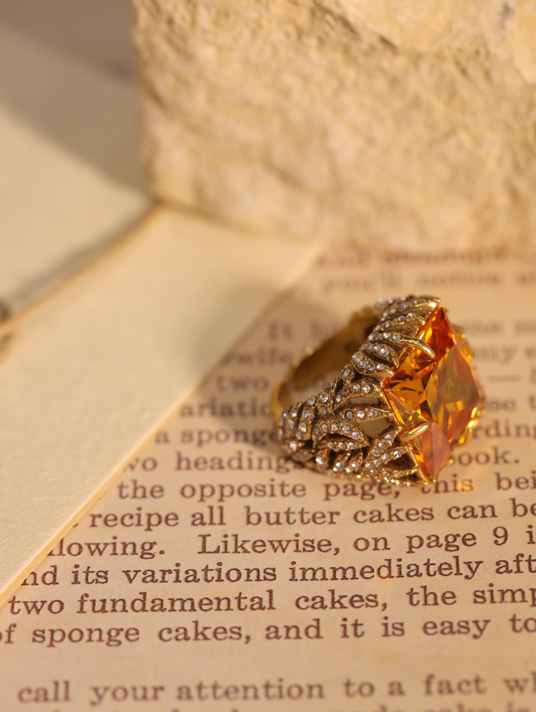 Swarovski Yellow Crystal Statement Ring  Vintage Gold Claw Cocktail Ring, Baroque Adjustable Jewelry, Bold Retro Gift for Her