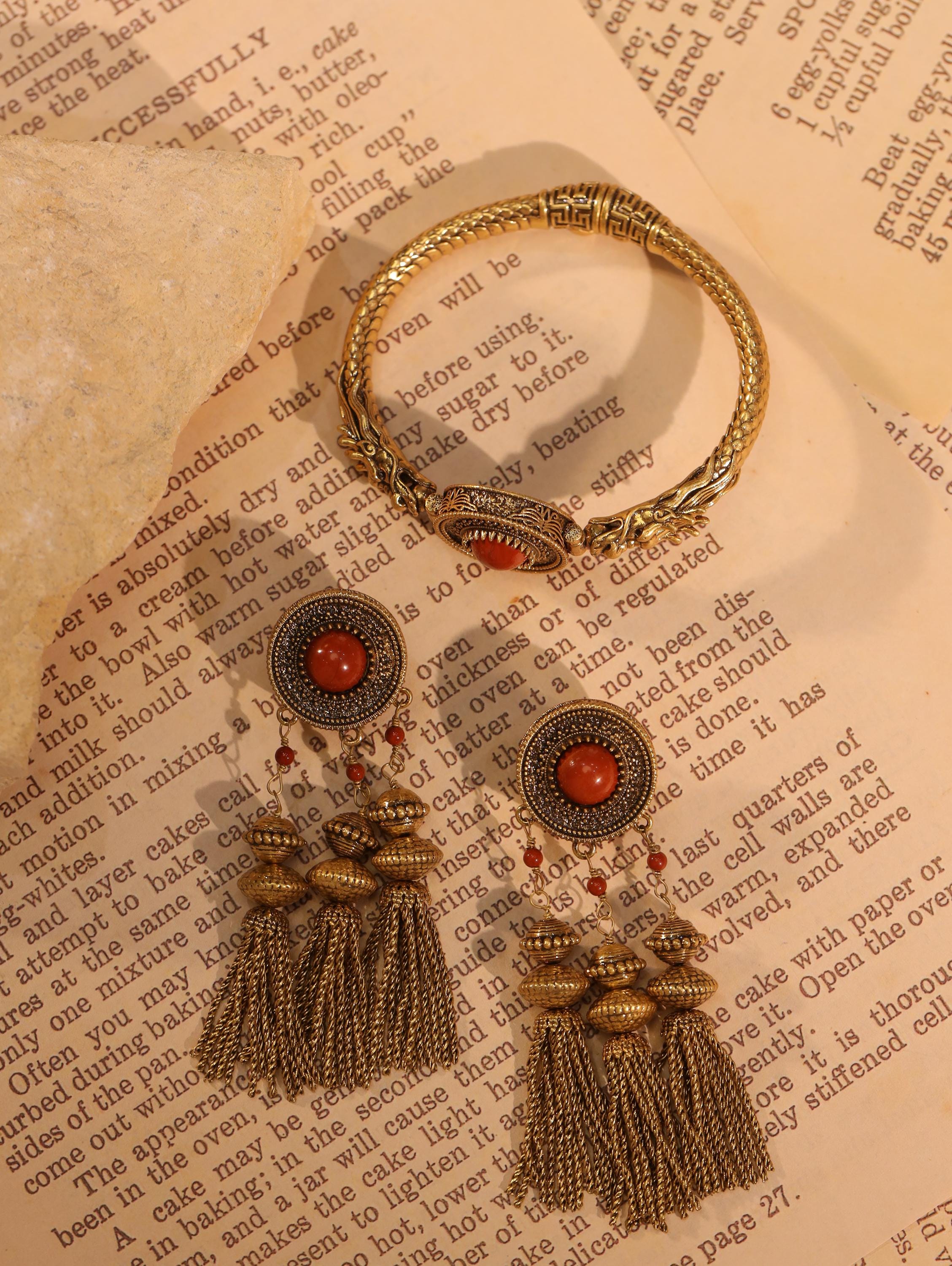 Bohemian Dragon Bangle and Tassel Earrings Set, Ethnic Gold Jewelry, Retro Red Stone Bracelet, Vintage Statement Gift for Her