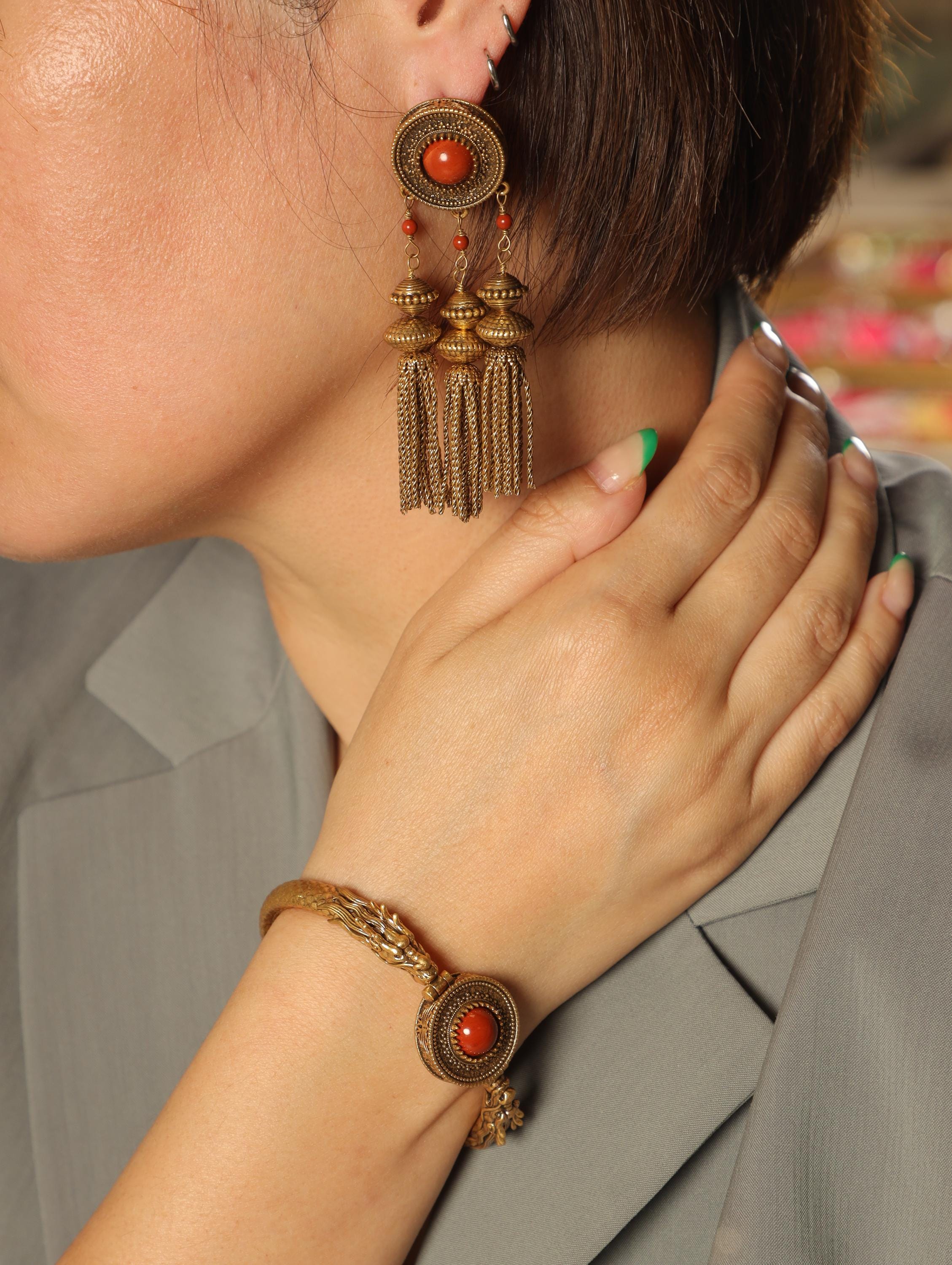 Bohemian Dragon Bangle and Tassel Earrings Set, Ethnic Gold Jewelry, Retro Red Stone Bracelet, Vintage Statement Gift for Her