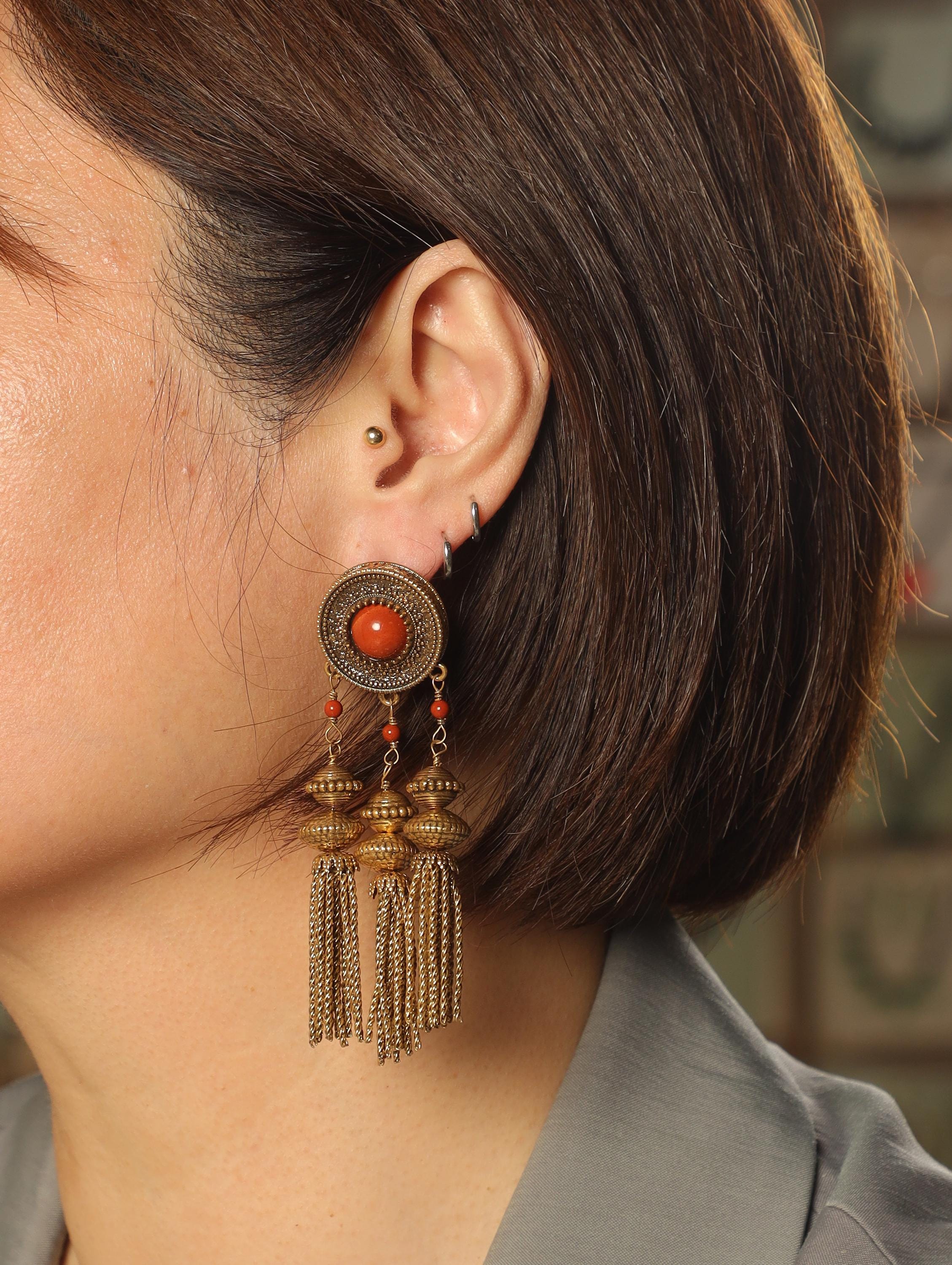 Bohemian Dragon Bangle and Tassel Earrings Set, Ethnic Gold Jewelry, Retro Red Stone Bracelet, Vintage Statement Gift for Her