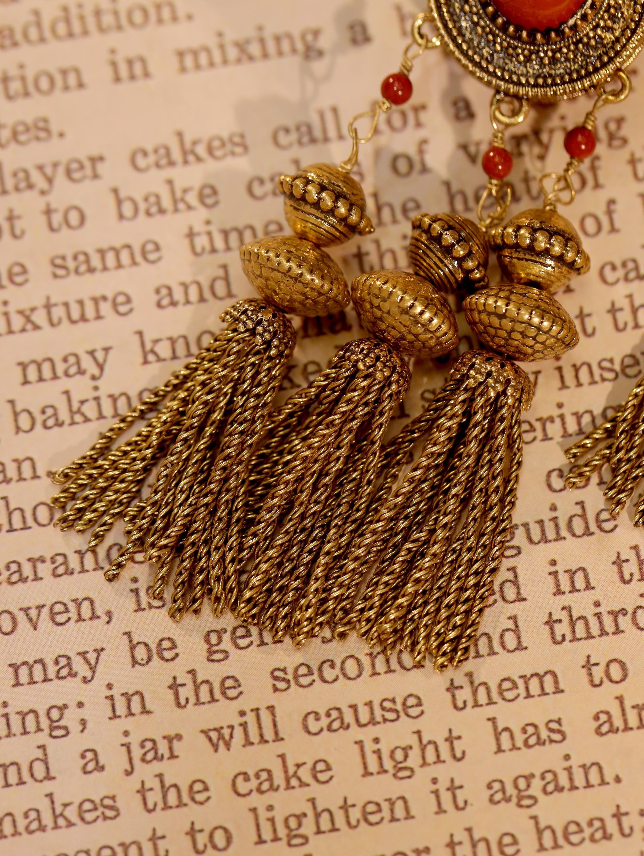 Bohemian Dragon Bangle and Tassel Earrings Set, Ethnic Gold Jewelry, Retro Red Stone Bracelet, Vintage Statement Gift for Her
