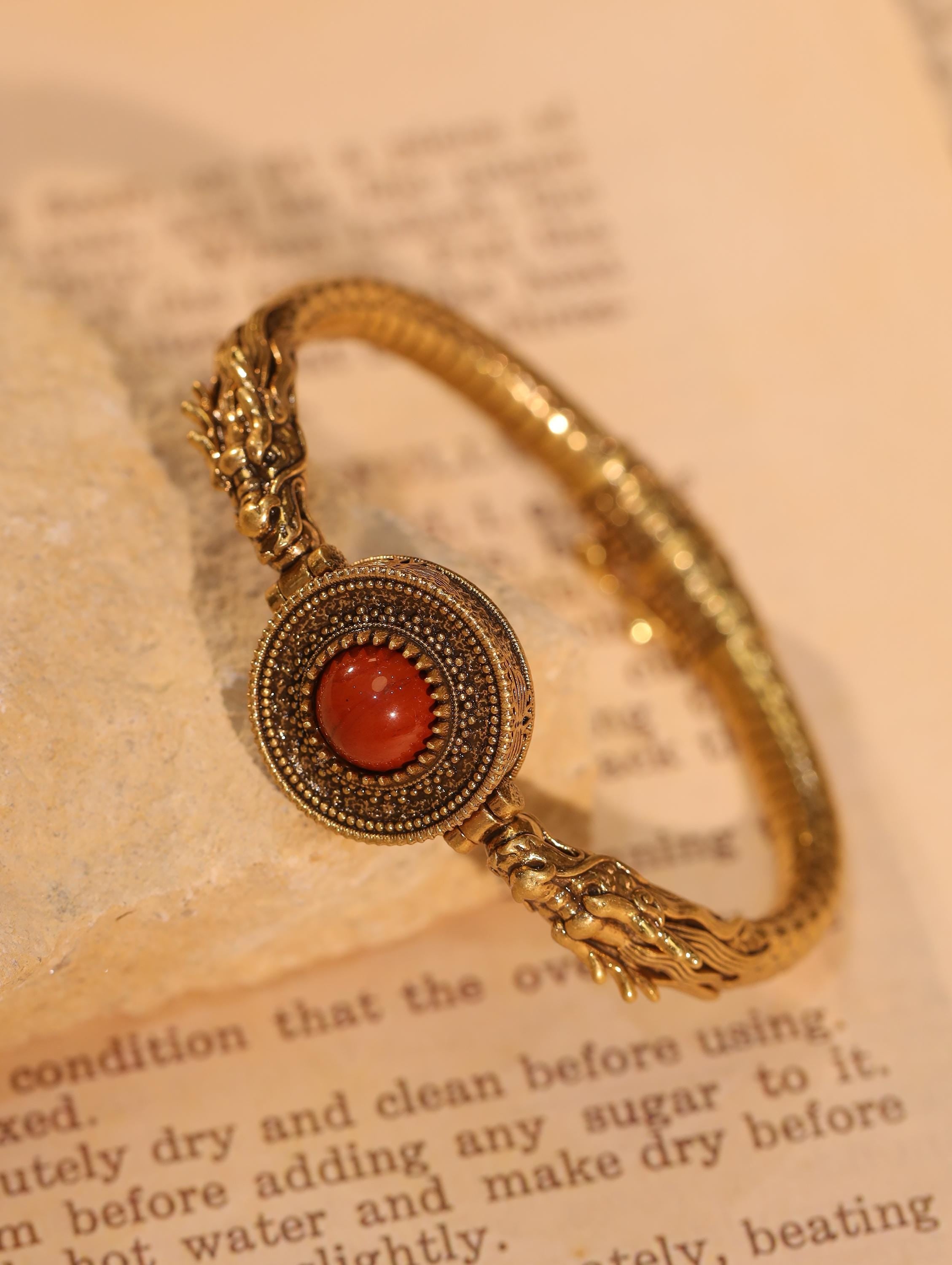 Bohemian Dragon Bangle and Tassel Earrings Set, Ethnic Gold Jewelry, Retro Red Stone Bracelet, Vintage Statement Gift for Her
