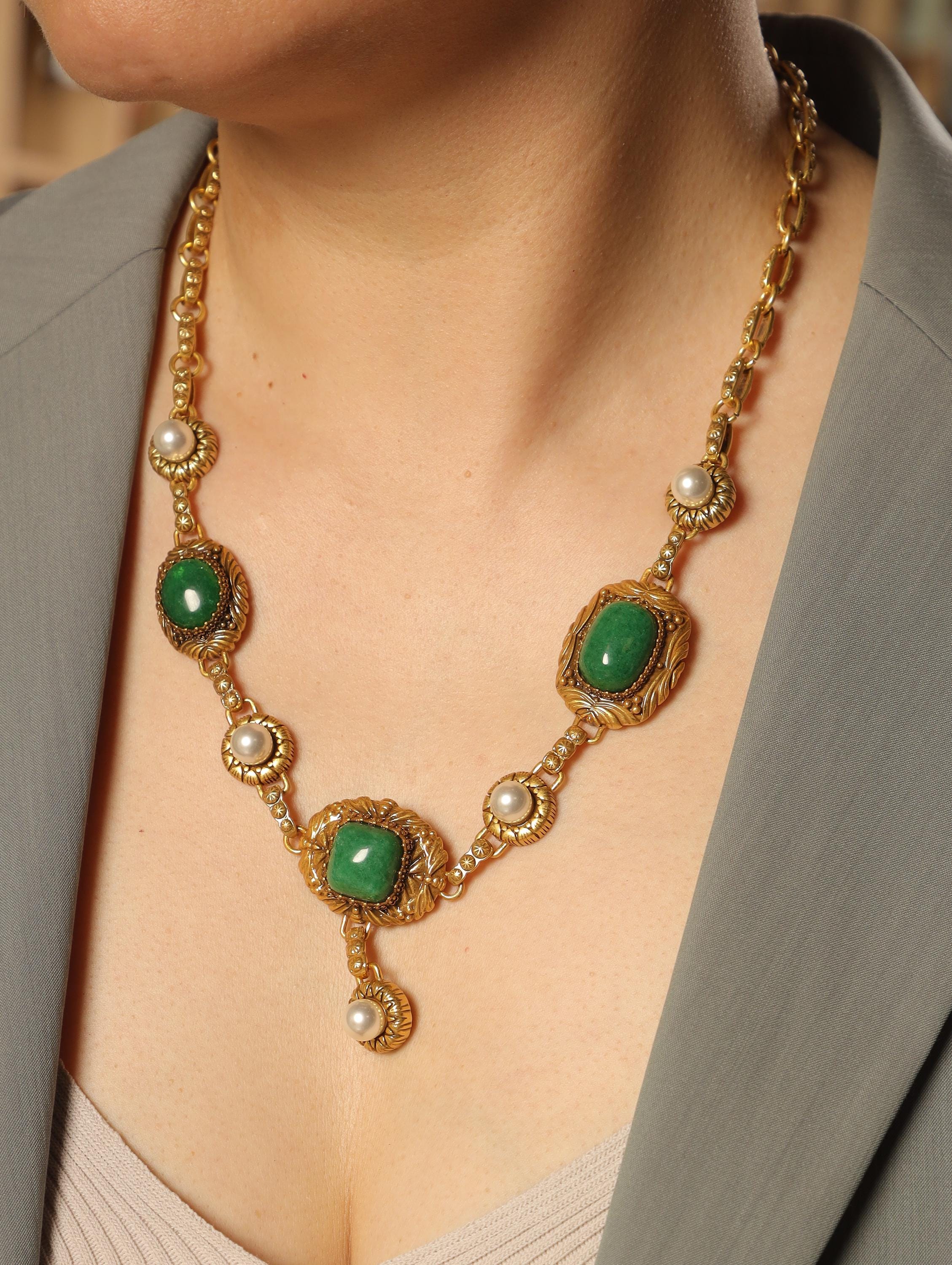 Vintage Jade Necklace and Earrings Set, Baroque Gold Jewelry with Pearl, Retro Royal Style Jewelry, Gift for Her Statement Set