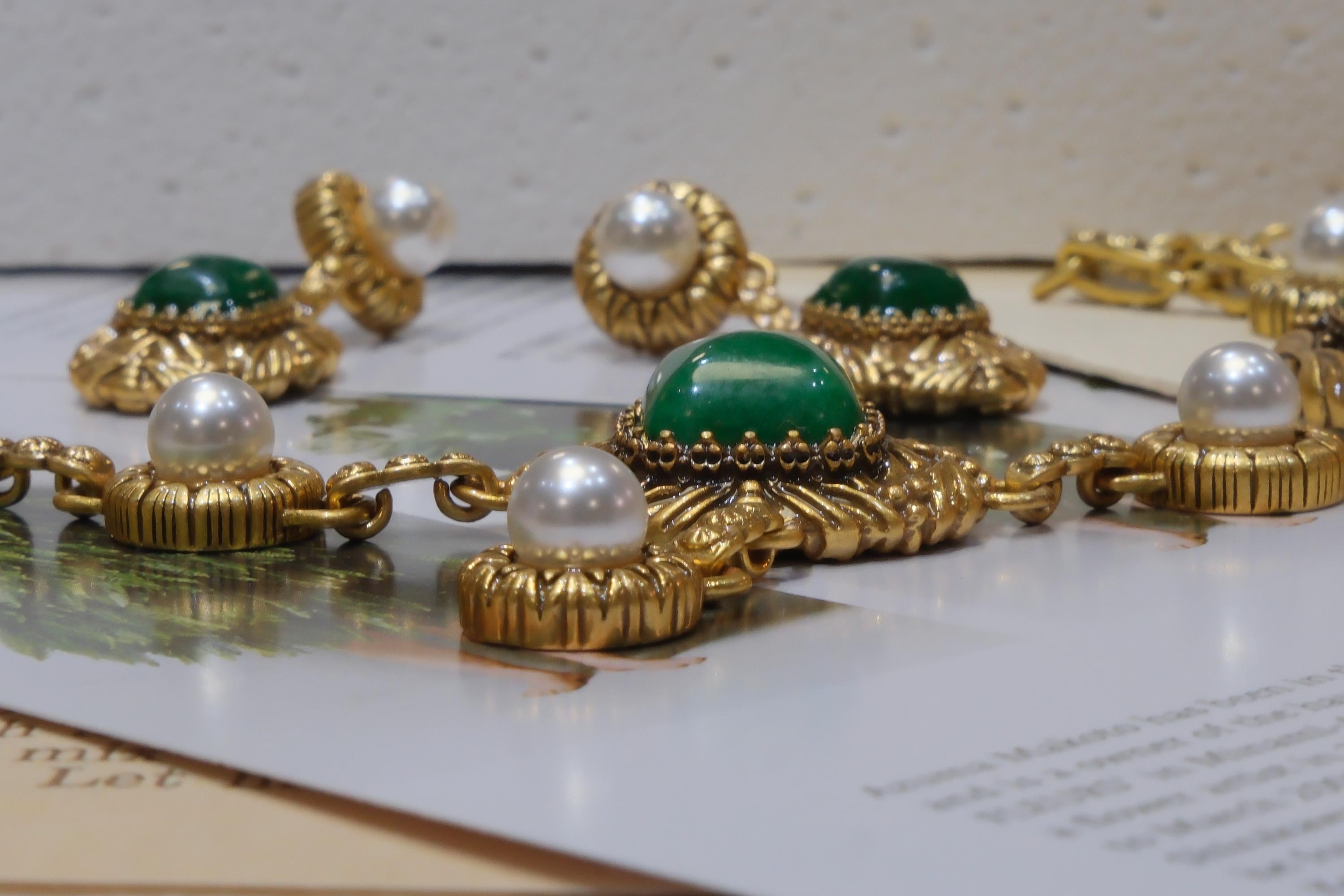 Vintage Jade Necklace and Earrings Set, Baroque Gold Jewelry with Pearl, Retro Royal Style Jewelry, Gift for Her Statement Set