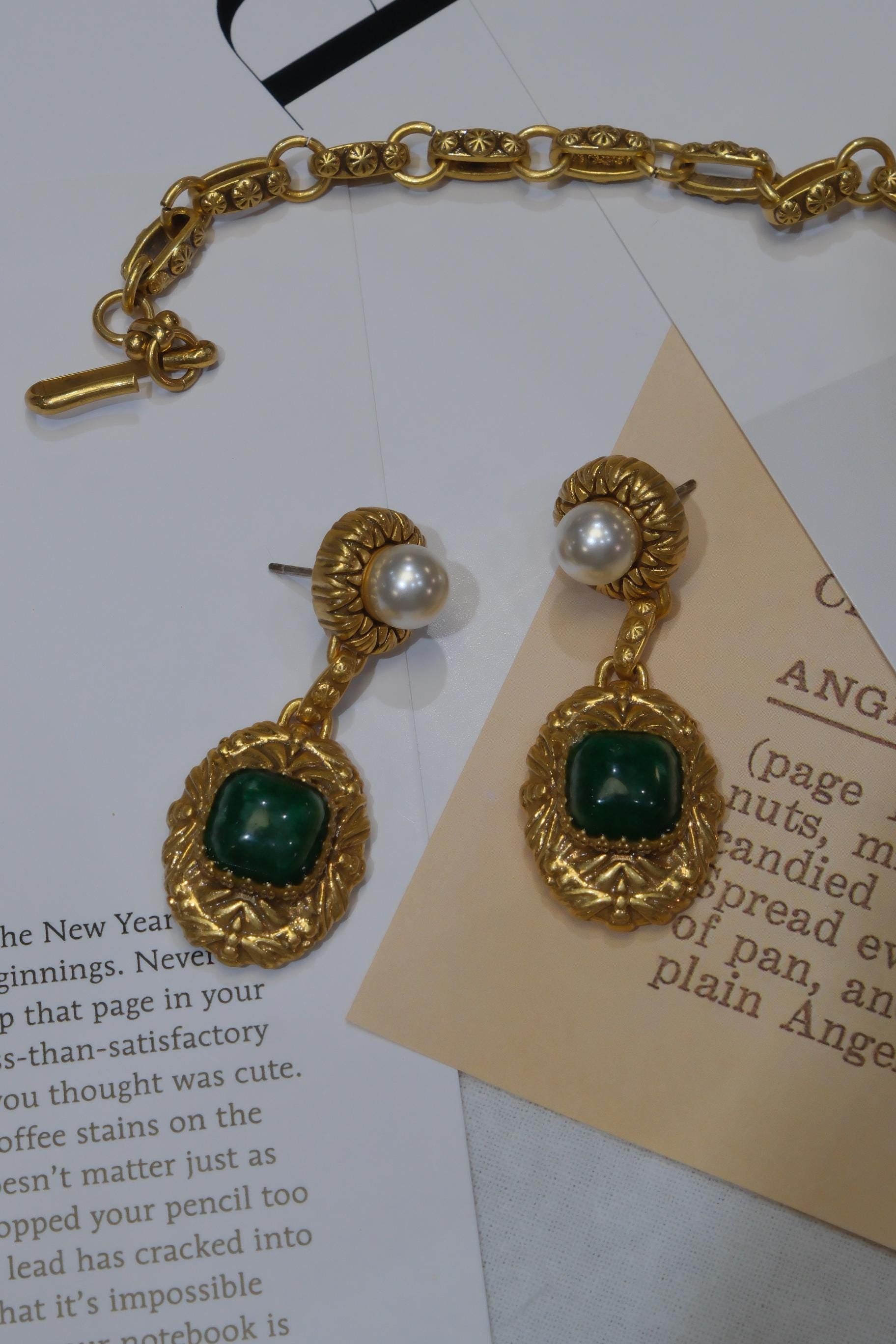 Vintage Jade Necklace and Earrings Set, Baroque Gold Jewelry with Pearl, Retro Royal Style Jewelry, Gift for Her Statement Set