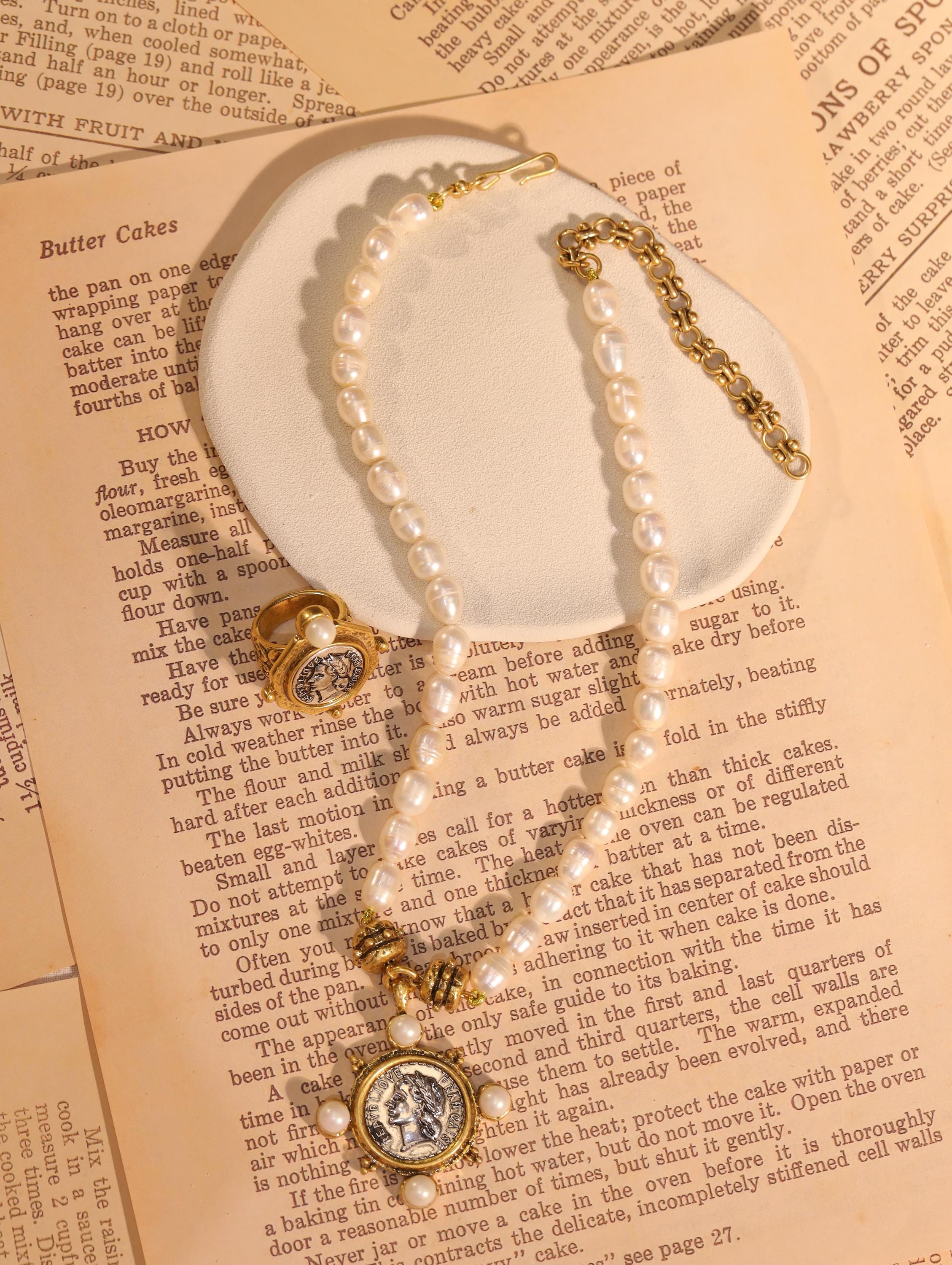 Baroque Pearl Necklace and Ring Set, Vintage Roman Coin Jewelry, Handmade Gold Plated Jewelry, Elegant Gift for Women, Retro Statement Set