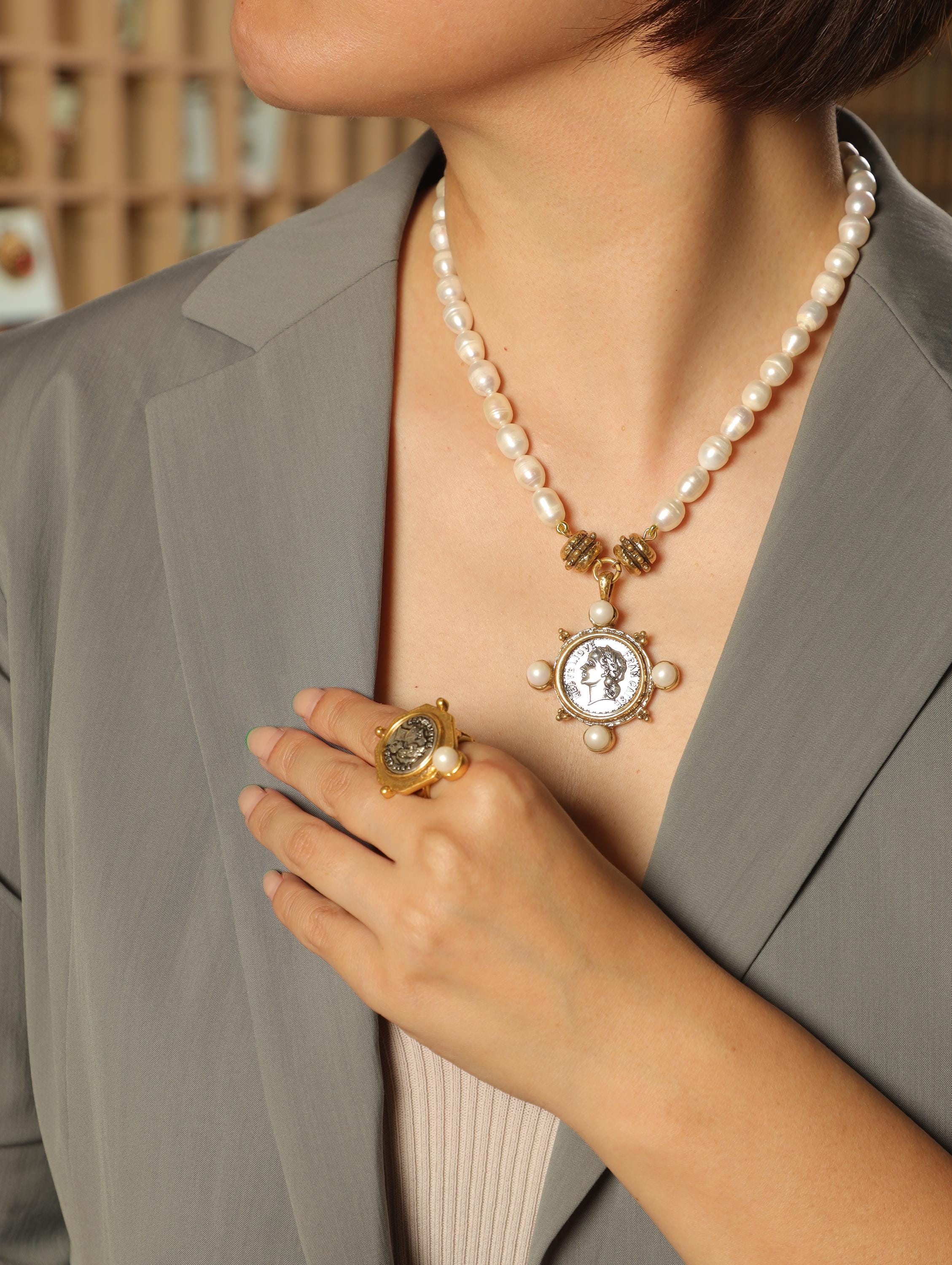 Baroque Pearl Necklace and Ring Set, Vintage Roman Coin Jewelry, Handmade Gold Plated Jewelry, Elegant Gift for Women, Retro Statement Set