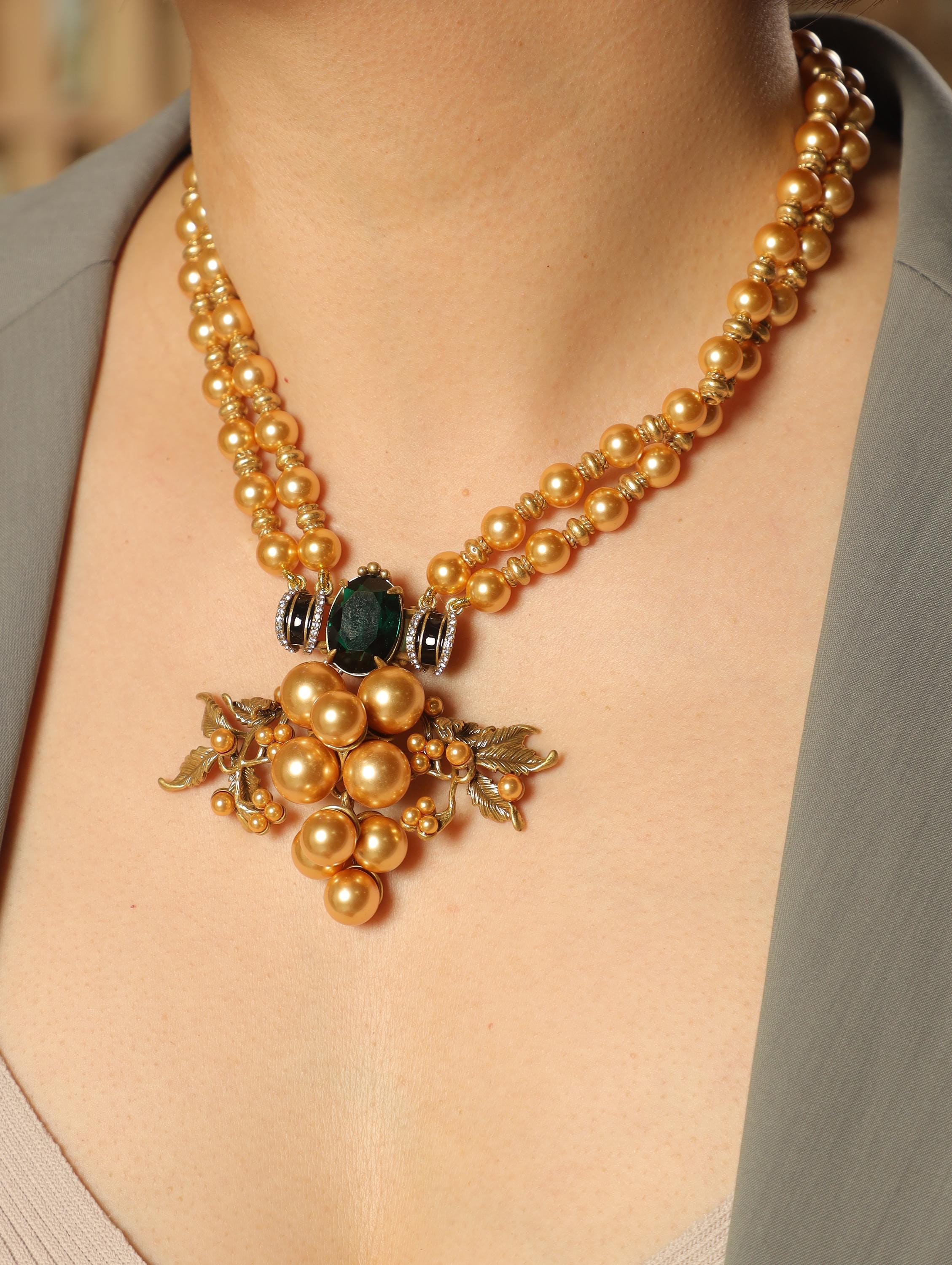 Green Crystal Statement Jewelry, Double Strand Gold Bead Jewelry, Elegant Gift for Her