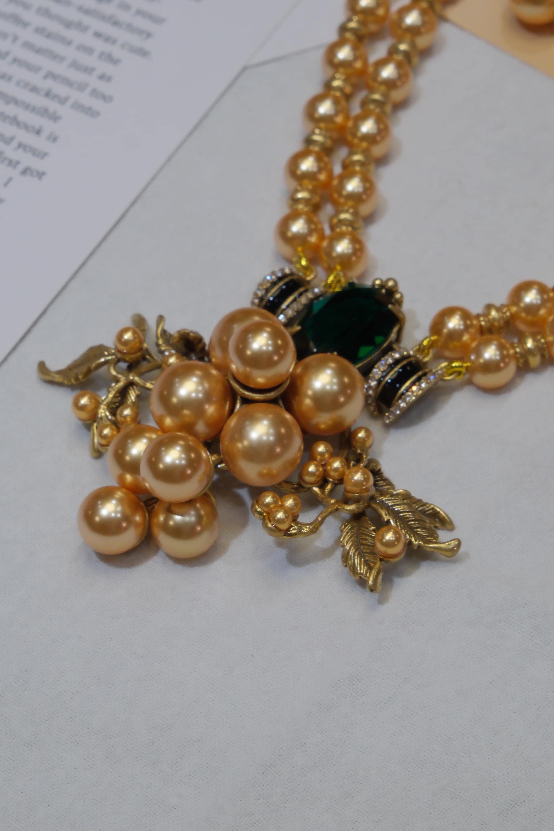 Green Crystal Statement Jewelry, Double Strand Gold Bead Jewelry, Elegant Gift for Her