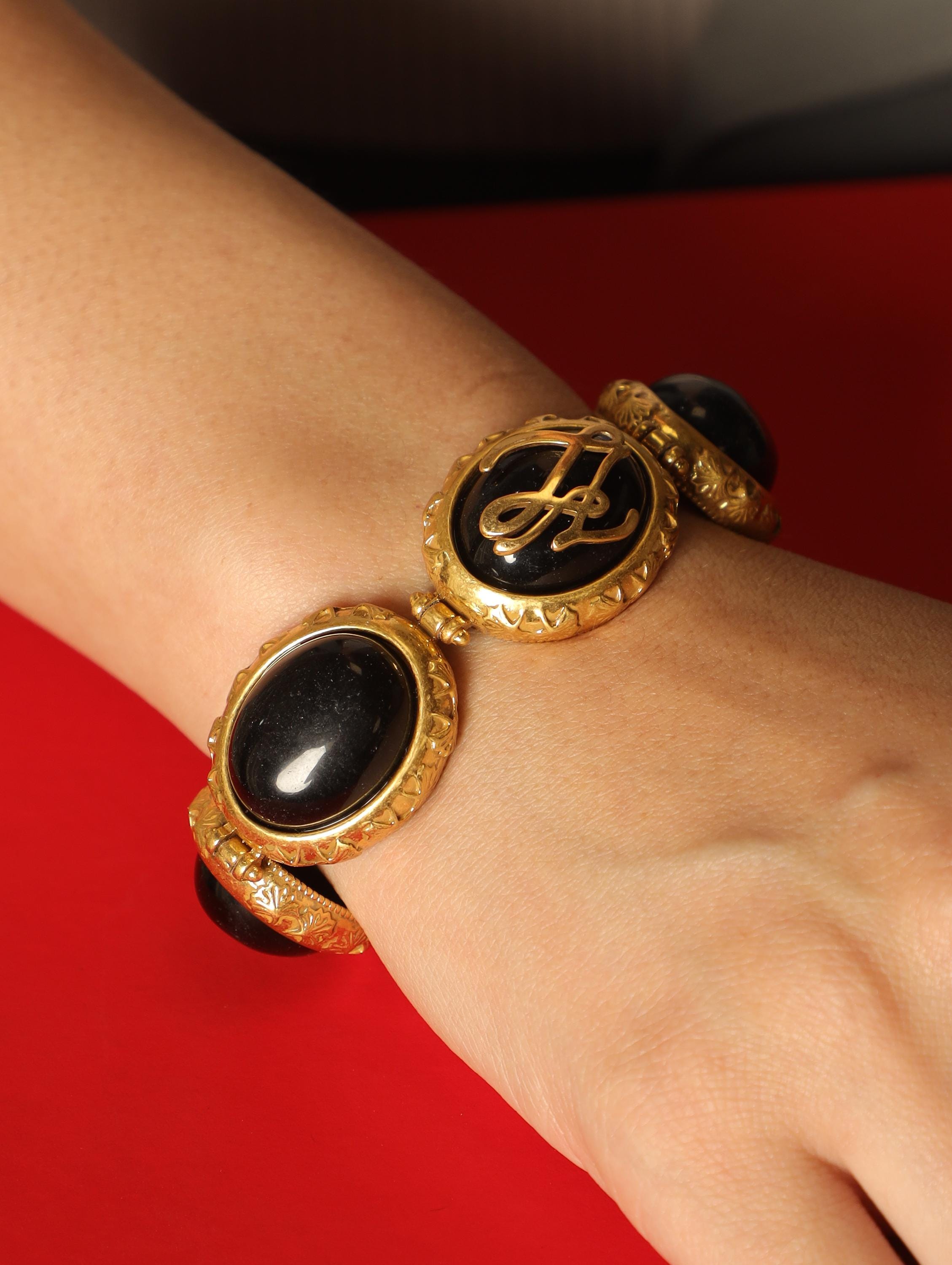 Handmade French Vintage Black Onyx Bracelet, Natural Gemstone Bangle, 18K Gold Plated Engraved Floral Design, Luxury Statement Jewelry