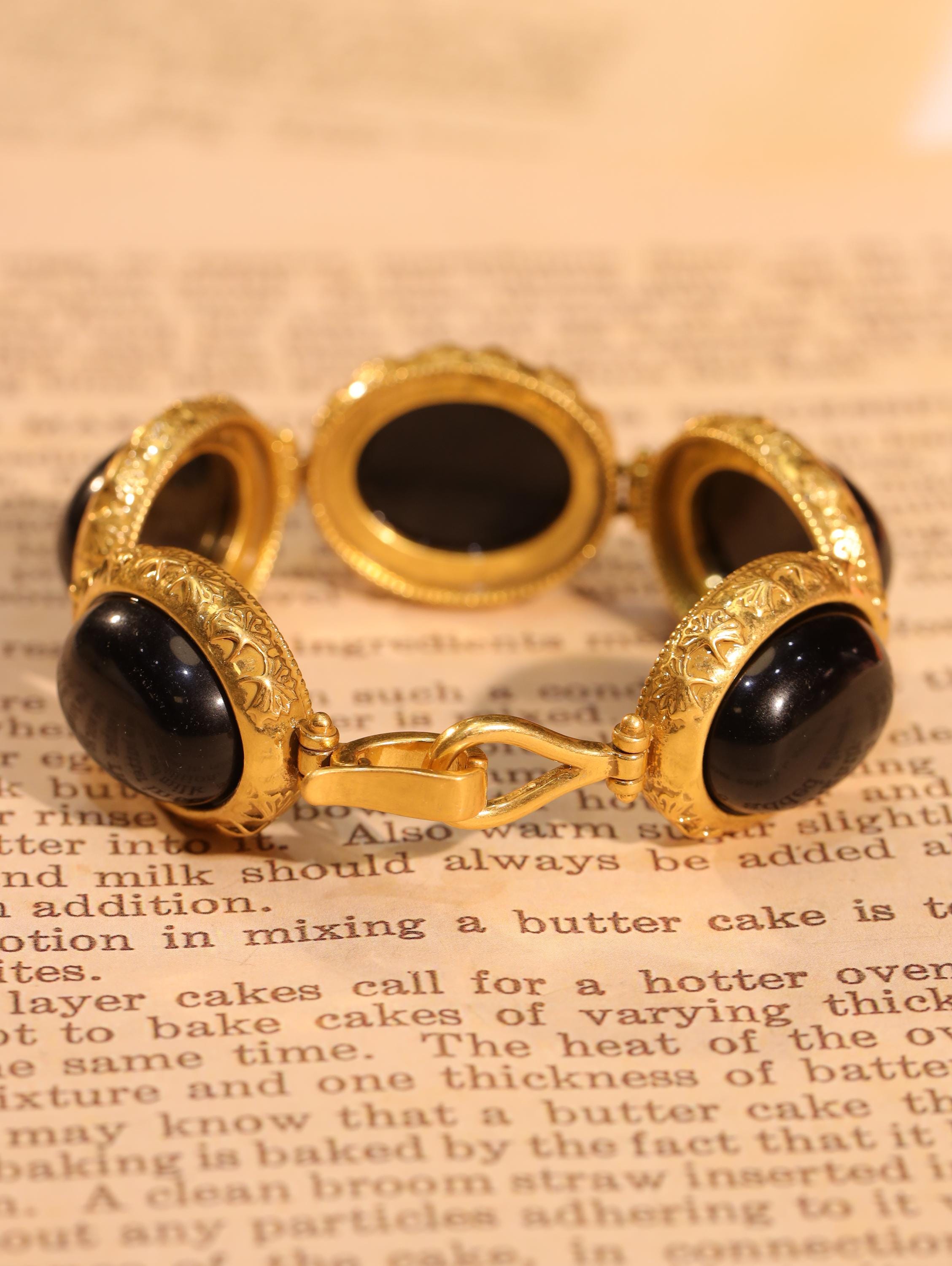 Handmade French Vintage Black Onyx Bracelet, Natural Gemstone Bangle, 18K Gold Plated Engraved Floral Design, Luxury Statement Jewelry