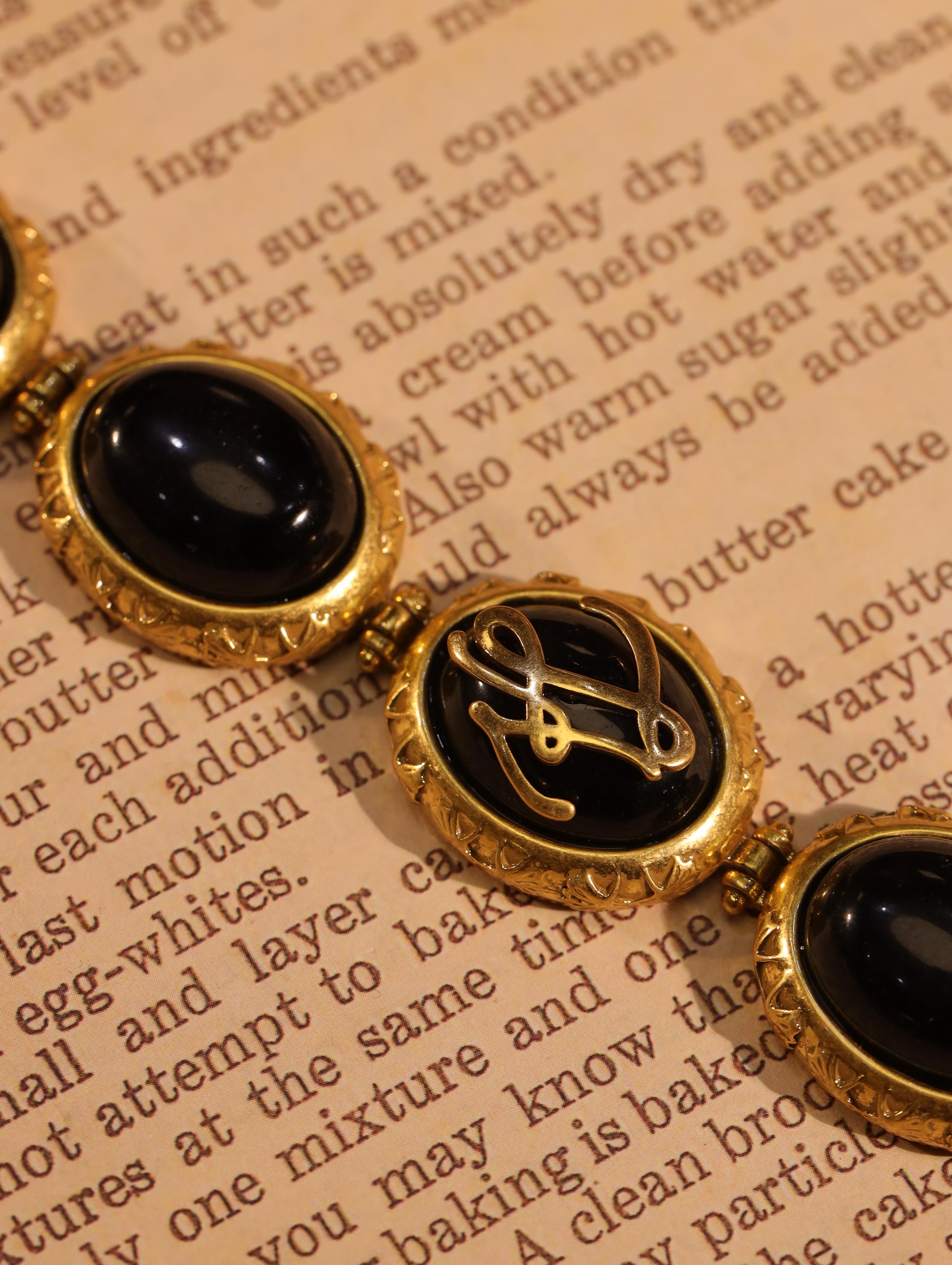 Handmade French Vintage Black Onyx Bracelet, Natural Gemstone Bangle, 18K Gold Plated Engraved Floral Design, Luxury Statement Jewelry