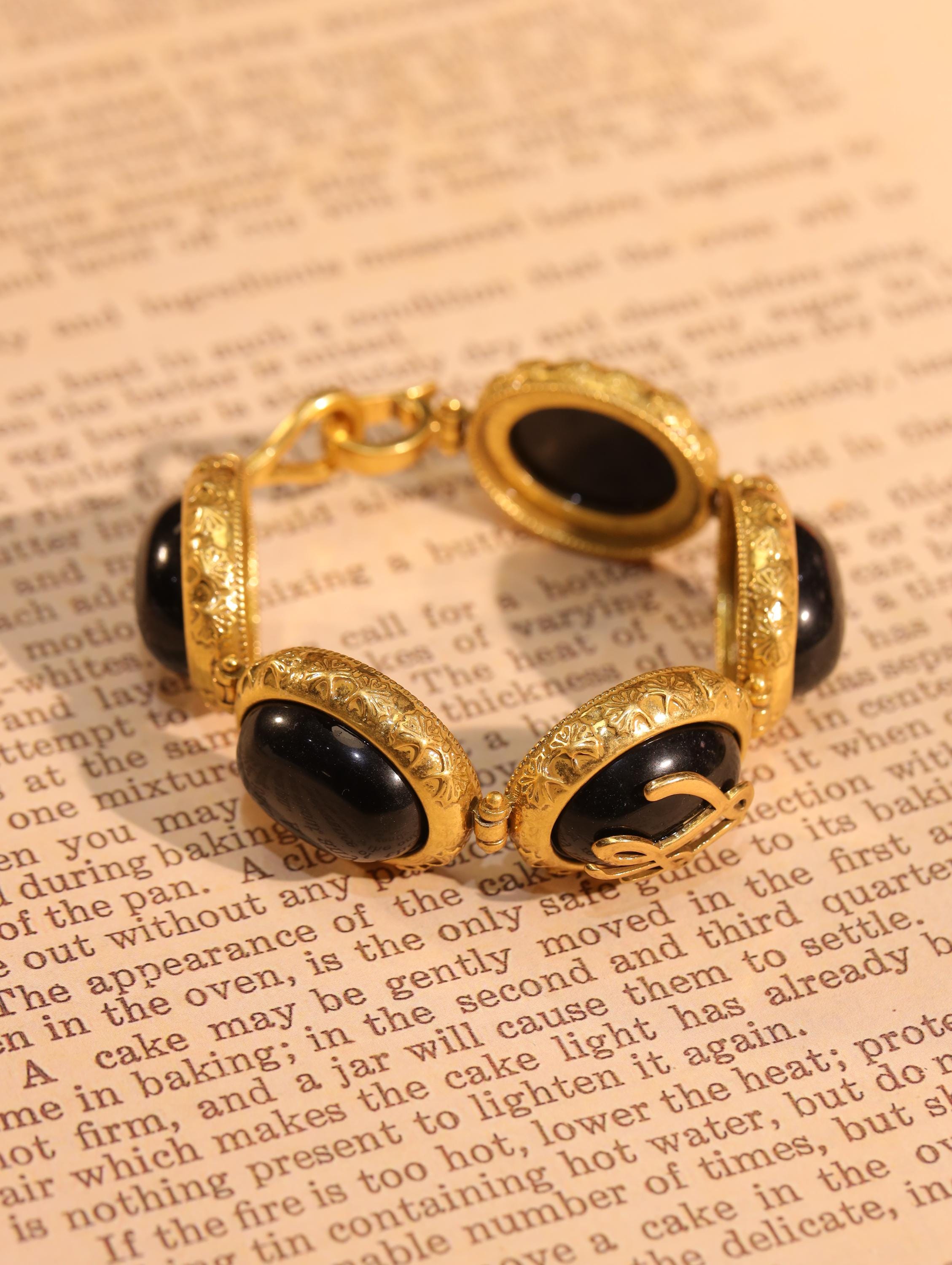 Handmade French Vintage Black Onyx Bracelet, Natural Gemstone Bangle, 18K Gold Plated Engraved Floral Design, Luxury Statement Jewelry