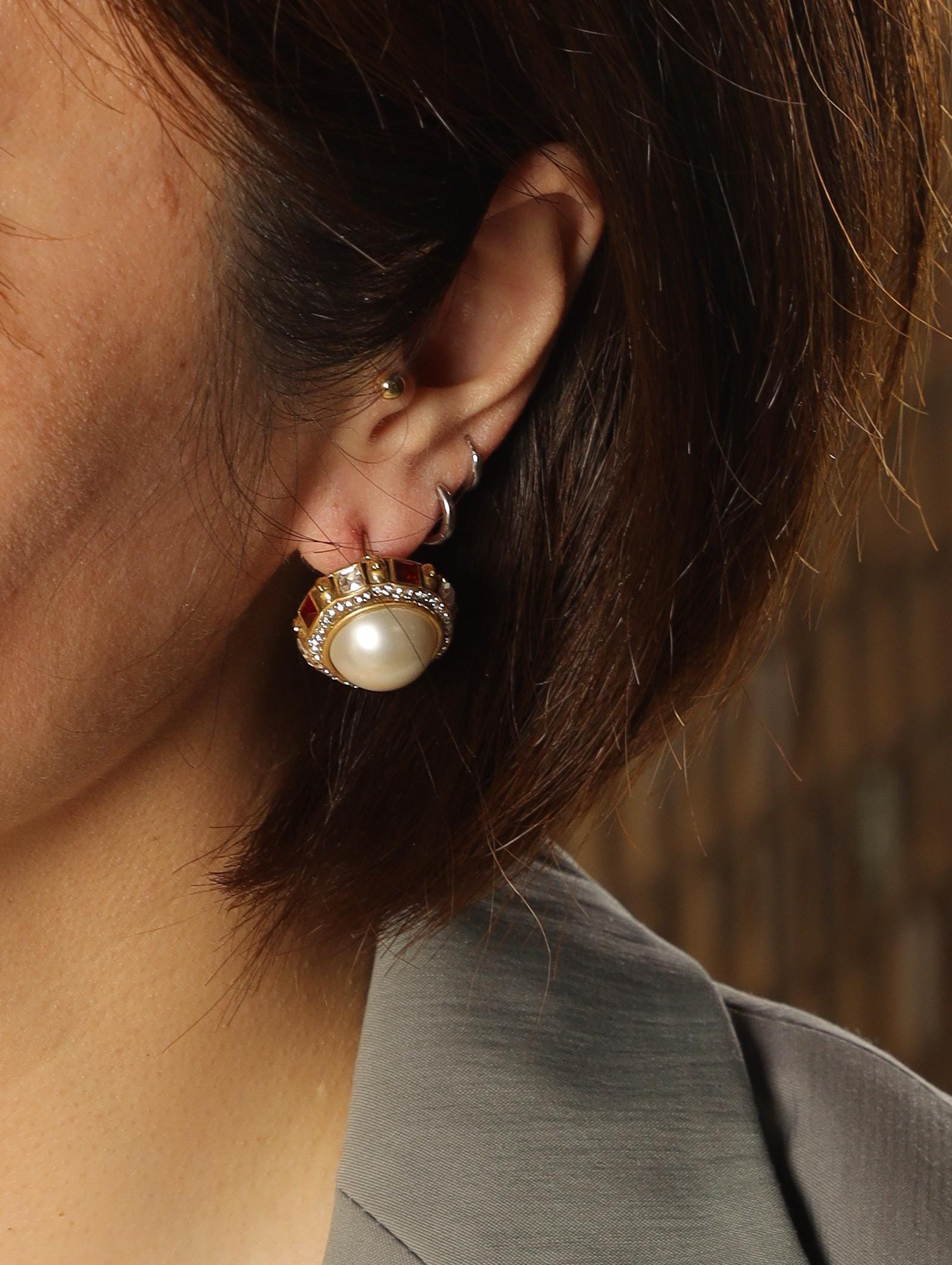 French Vintage Pearl Jewelry Set, Handmade Statement Ring & Stud Earrings, Baroque Inspired Gold Plated Jewelry for Elegant Women