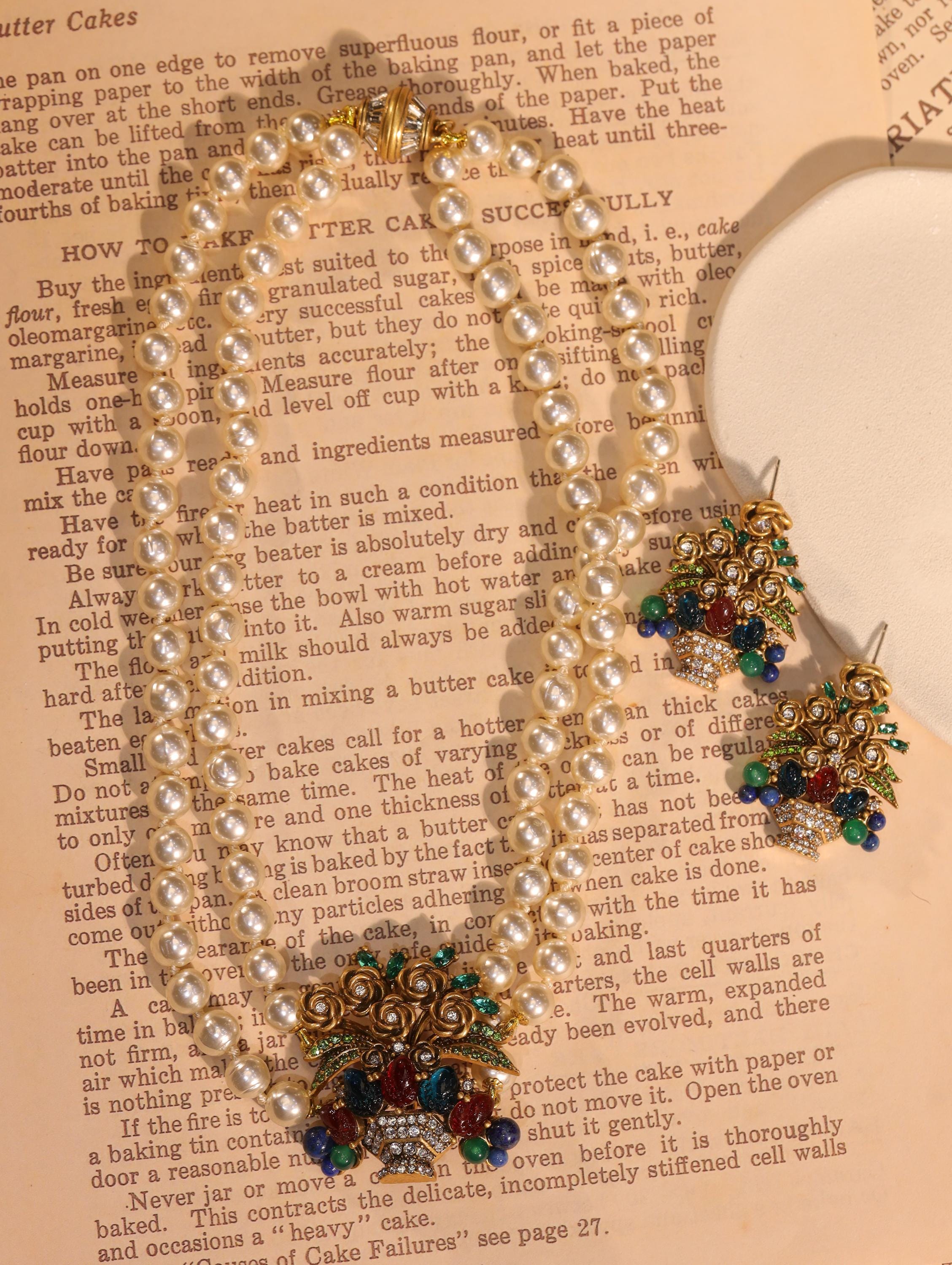 Handcrafted Baroque Floral Pearl Necklace Set, Swarovski Crystal Artisan Jewelry, Luxury Vintage Statement, Gala Bridal Jewelry Set