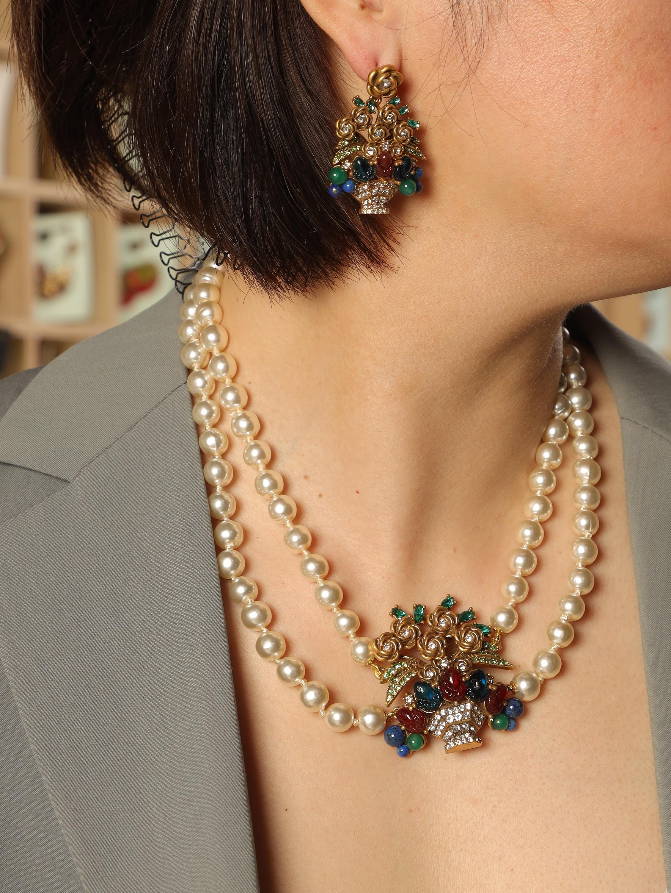 Handcrafted Baroque Floral Pearl Necklace Set, Swarovski Crystal Artisan Jewelry, Luxury Vintage Statement, Gala Bridal Jewelry Set